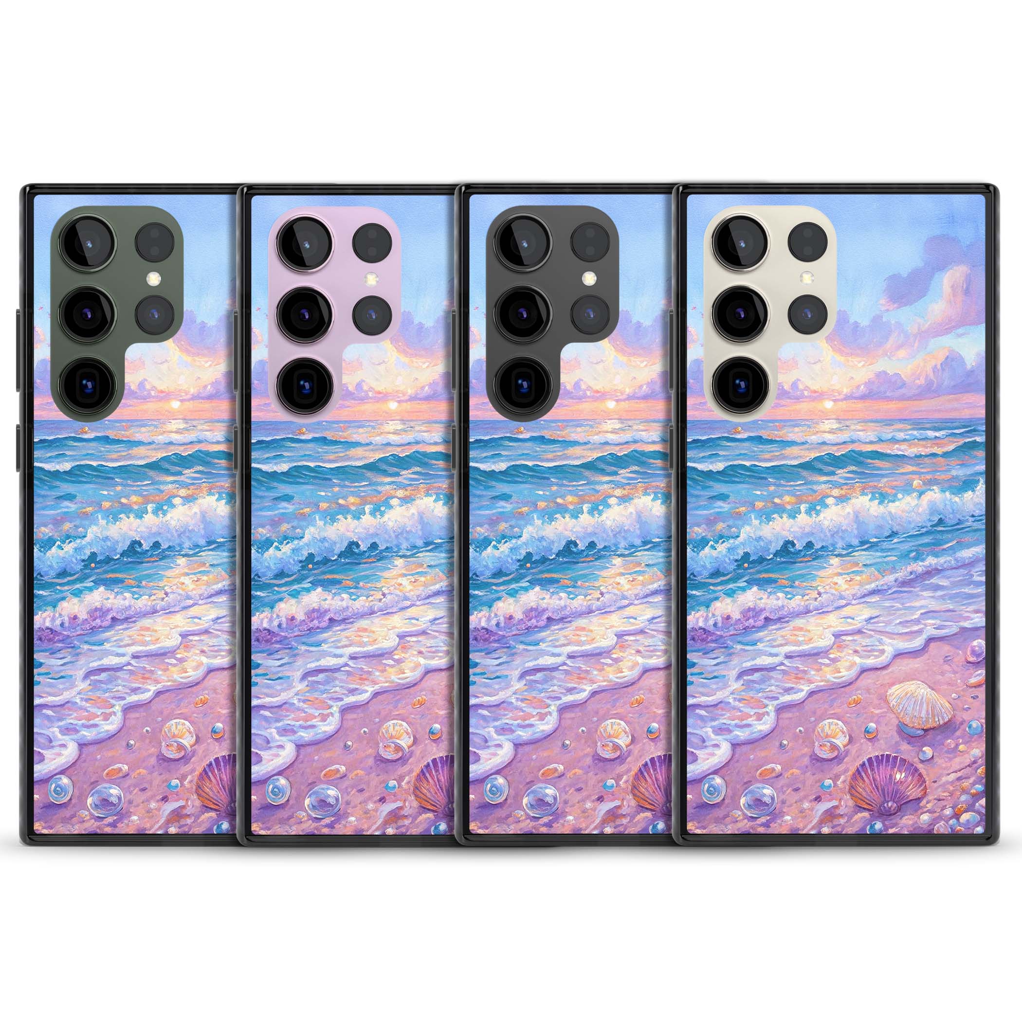 Pearl Shore coastal iPhone case featuring pastel painted waves, seashells, and a sunrise sky over a lavender beach. | Black Impact case for Samsung Galaxy S24 Ultra, Samsung Galaxy S23 Ultra, Samsung Galaxy S22 Ultra