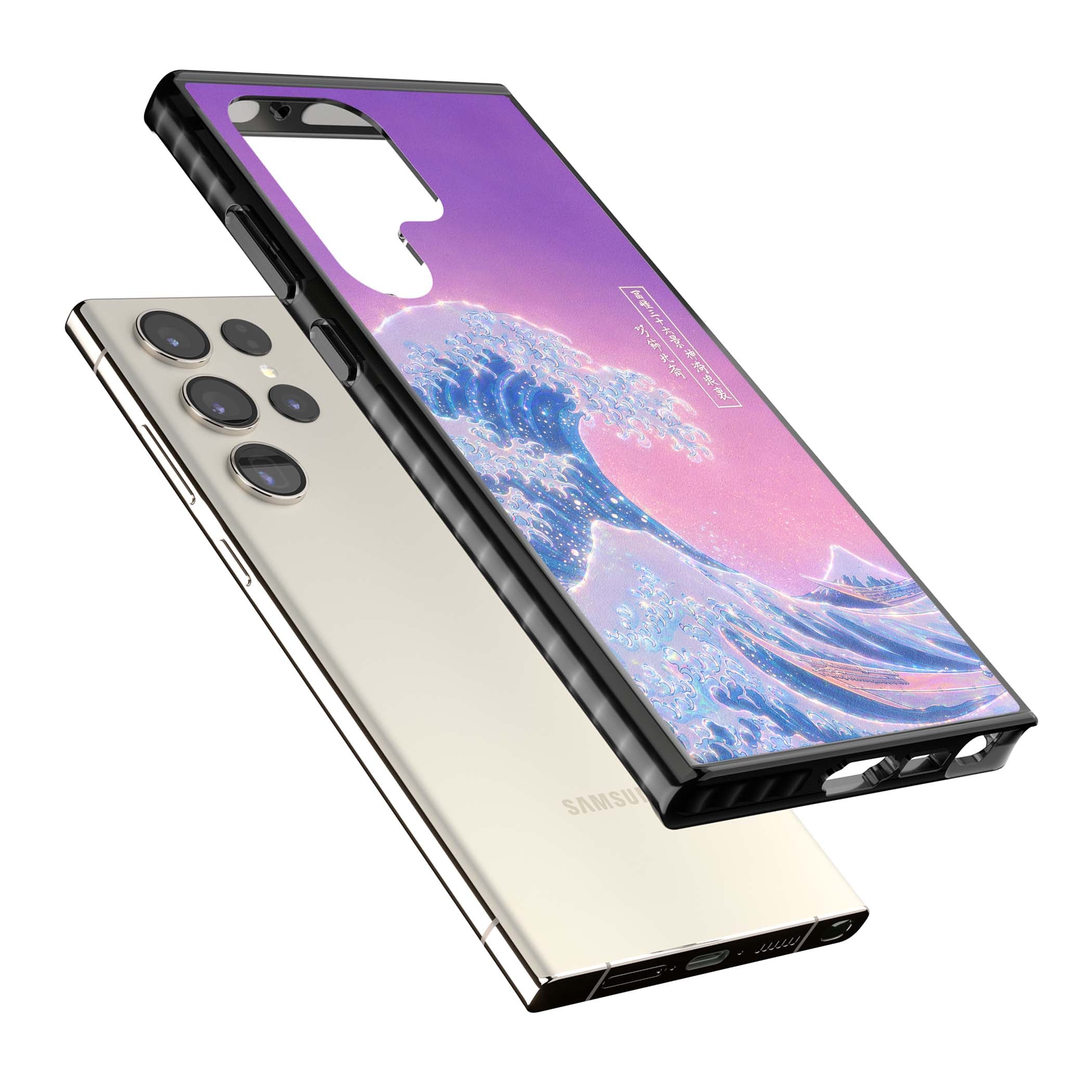 The Great Opal Wave Japanese iPhone case featuring Hokusai's great wave in iridescent pastels with lilac sky and Mou | Black Impact case for Samsung Galaxy S24 Ultra, Samsung Galaxy S23 Ultra, Samsung Galaxy S22 Ultra