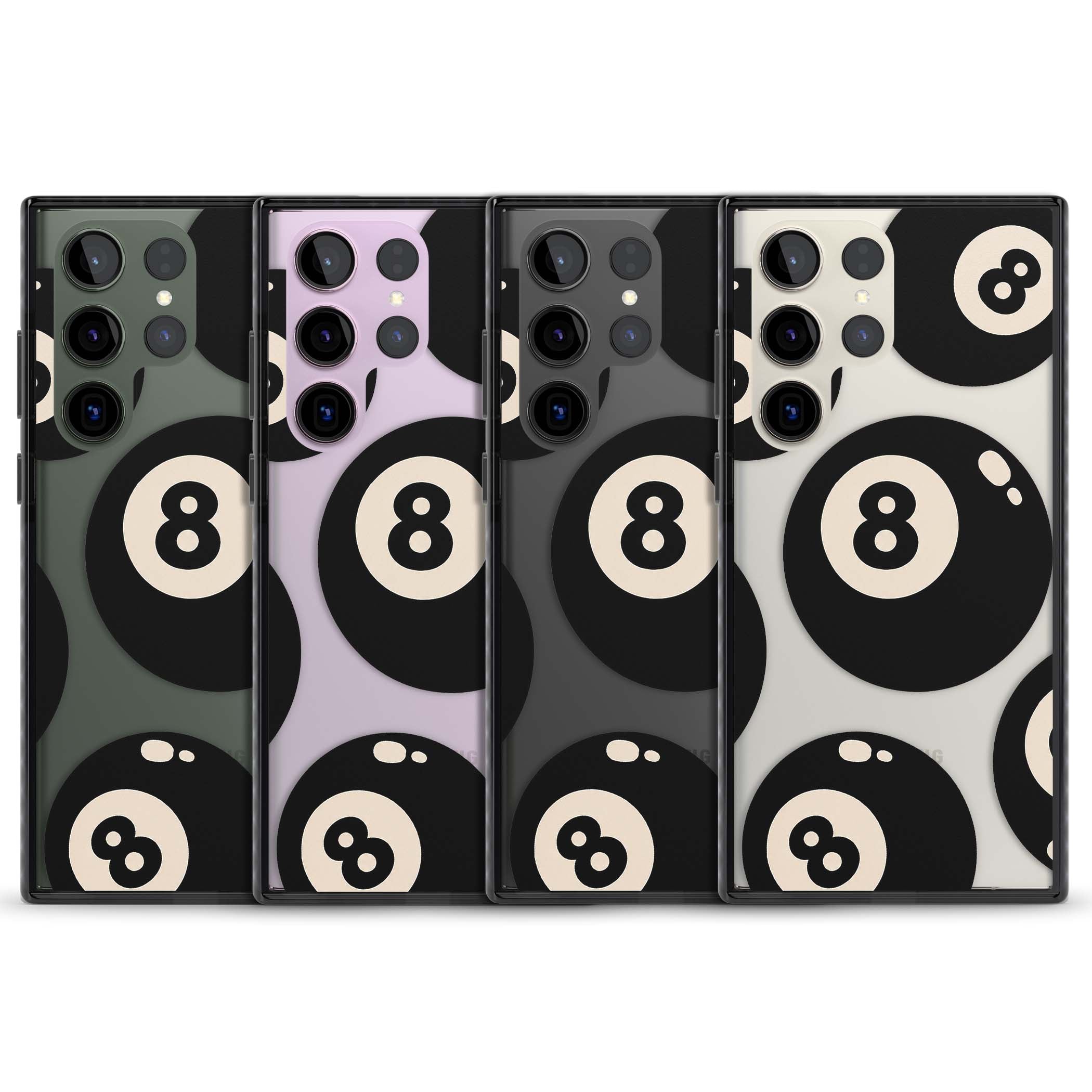 Eights y2k iPhone case featuring scattered black 8 balls with cream highlights on a clear background | Black Impact case for Samsung Galaxy S24 Ultra, Samsung Galaxy S23 Ultra, Samsung Galaxy S22 Ultra