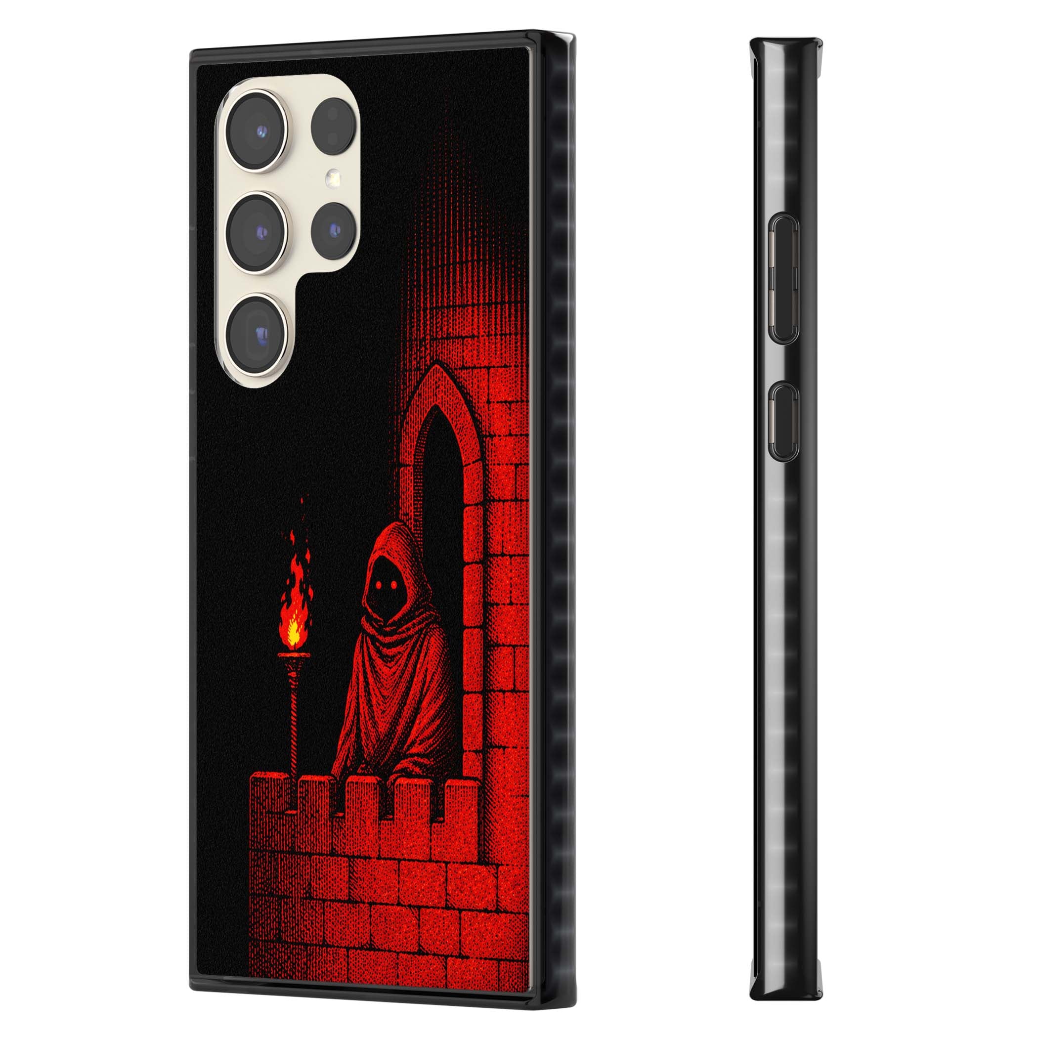 Crimson Crypt gothic iPhone case featuring a hooded reaper, torchlit crypt archway and red halftone horror art | Black Impact case for Samsung Galaxy S24 Ultra, Samsung Galaxy S23 Ultra, Samsung Galaxy S22 Ultra