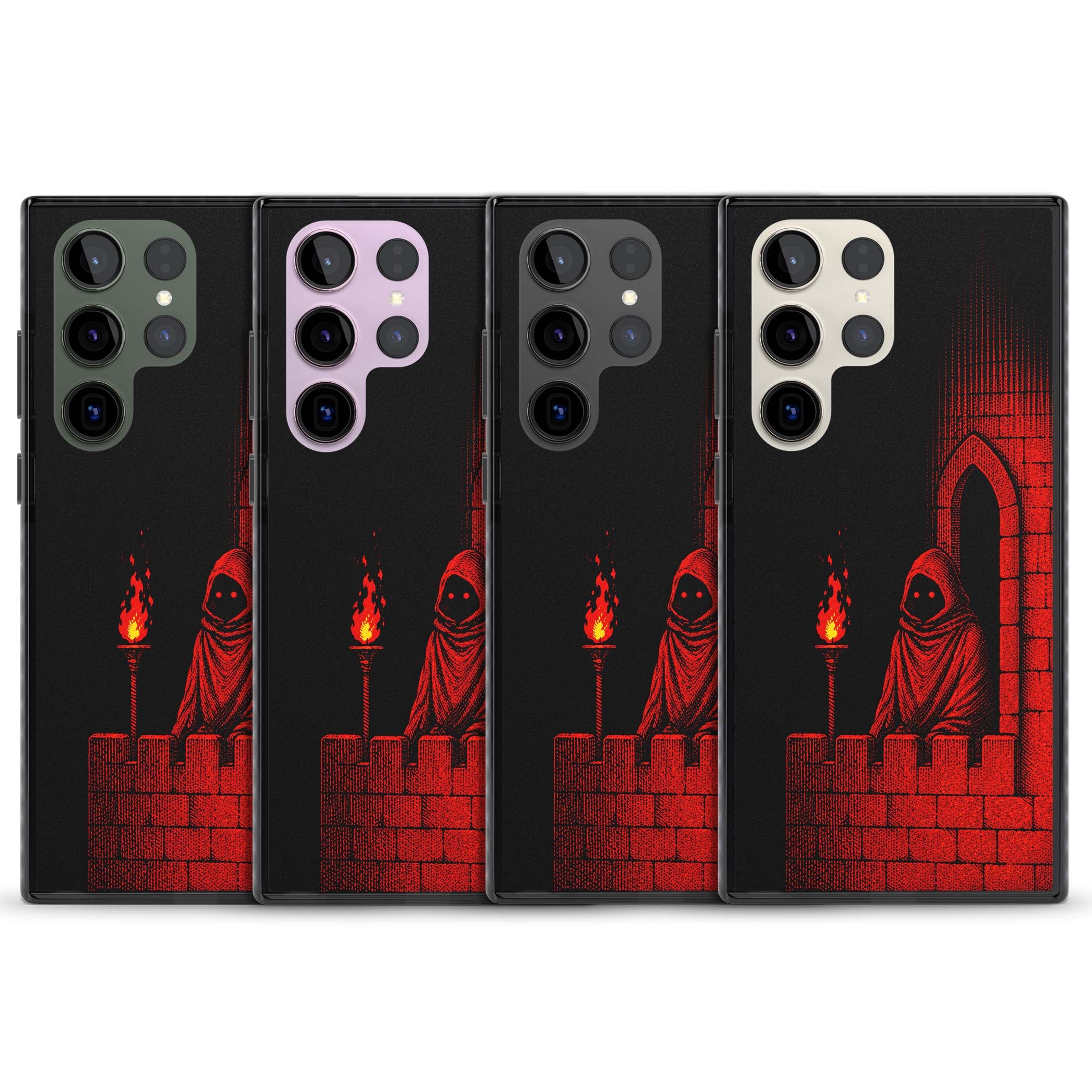 Crimson Crypt gothic iPhone case featuring a hooded reaper, torchlit crypt archway and red halftone horror art | Black Impact case for Samsung Galaxy S24 Ultra, Samsung Galaxy S23 Ultra, Samsung Galaxy S22 Ultra