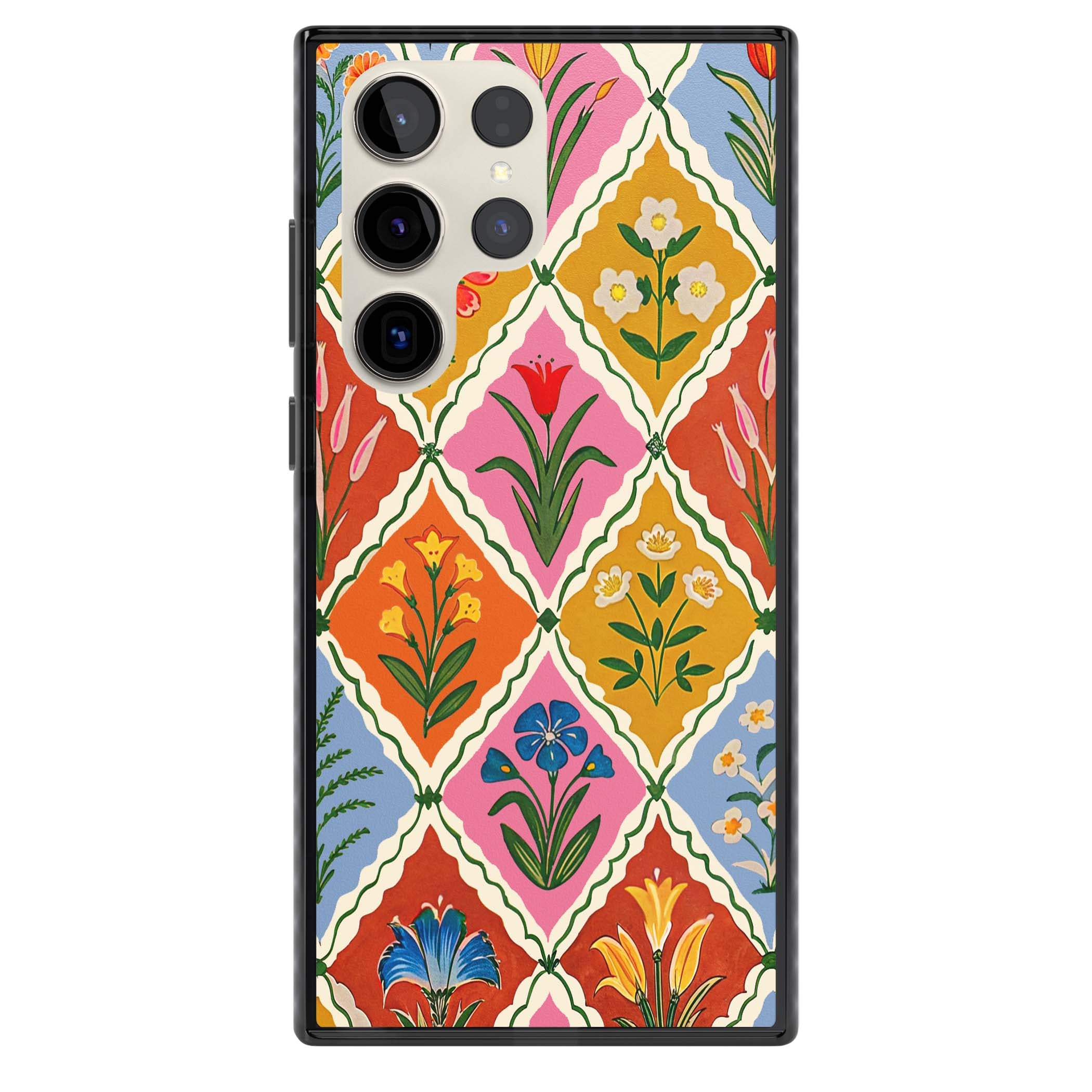 Floral Quilt boho floral iPhone case featuring diamond lattice pattern, hand-painted tulips and folk art wildflowers | Black Impact case for Samsung Galaxy S24 Ultra, Samsung Galaxy S23 Ultra, Samsung Galaxy S22 Ultra