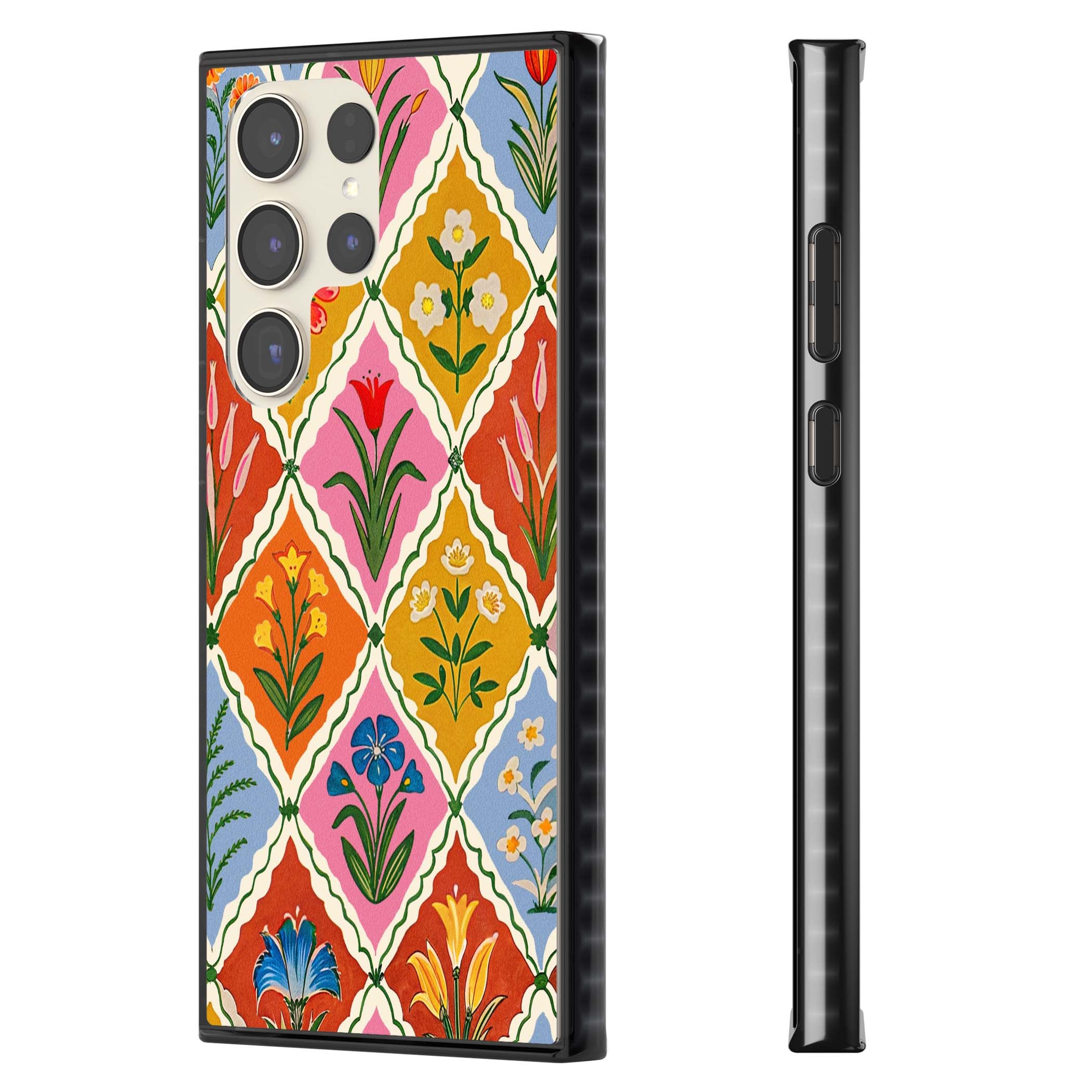 Floral Quilt boho floral iPhone case featuring diamond lattice pattern, hand-painted tulips and folk art wildflowers | Black Impact case for Samsung Galaxy S24 Ultra, Samsung Galaxy S23 Ultra, Samsung Galaxy S22 Ultra