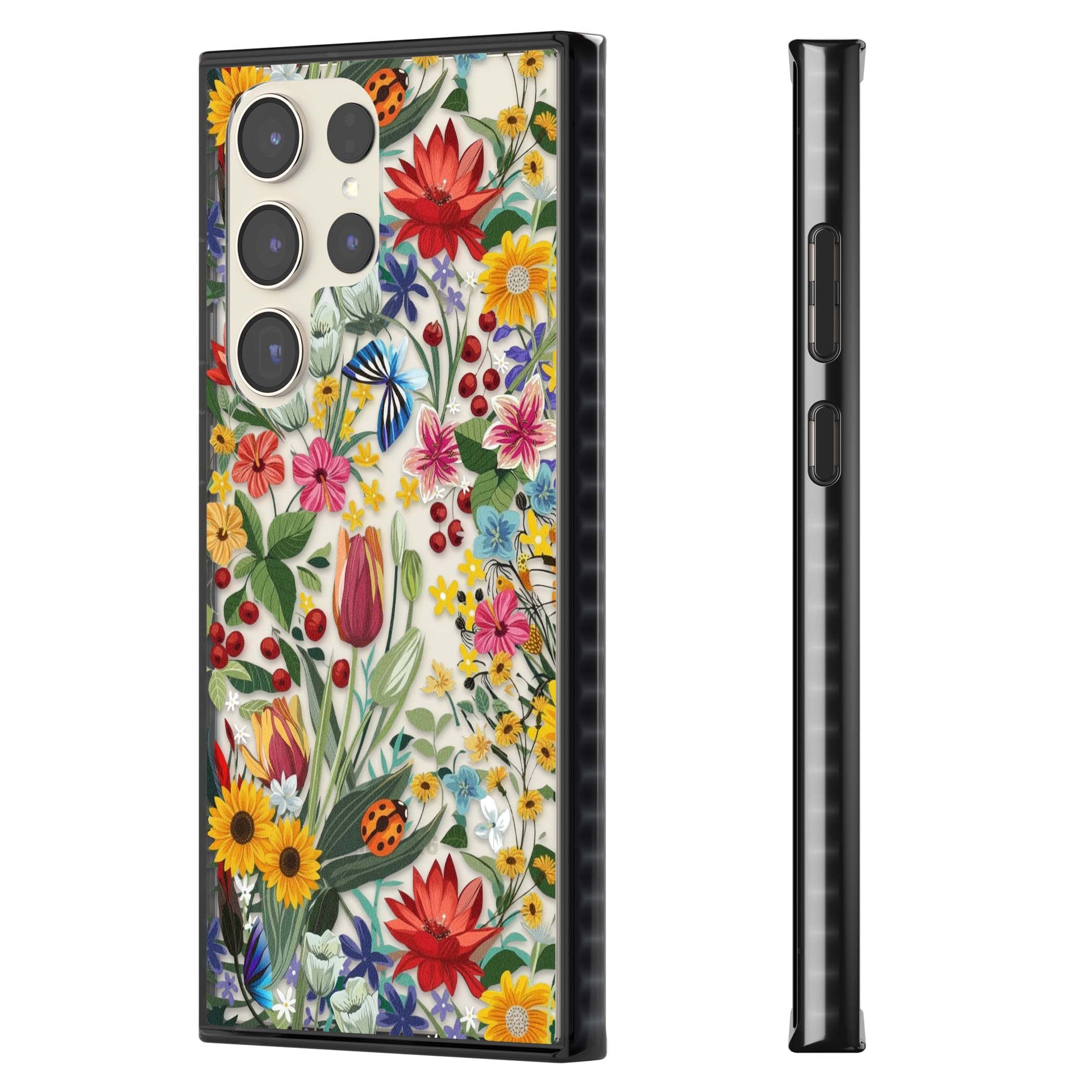 Botanical Bloom cottagecore iPhone case featuring colorful wildflowers, sunflowers, and ladybugs on clear background | Black Impact case for Samsung Galaxy S24 Ultra, Samsung Galaxy S23 Ultra, Samsung Galaxy S22 Ultra