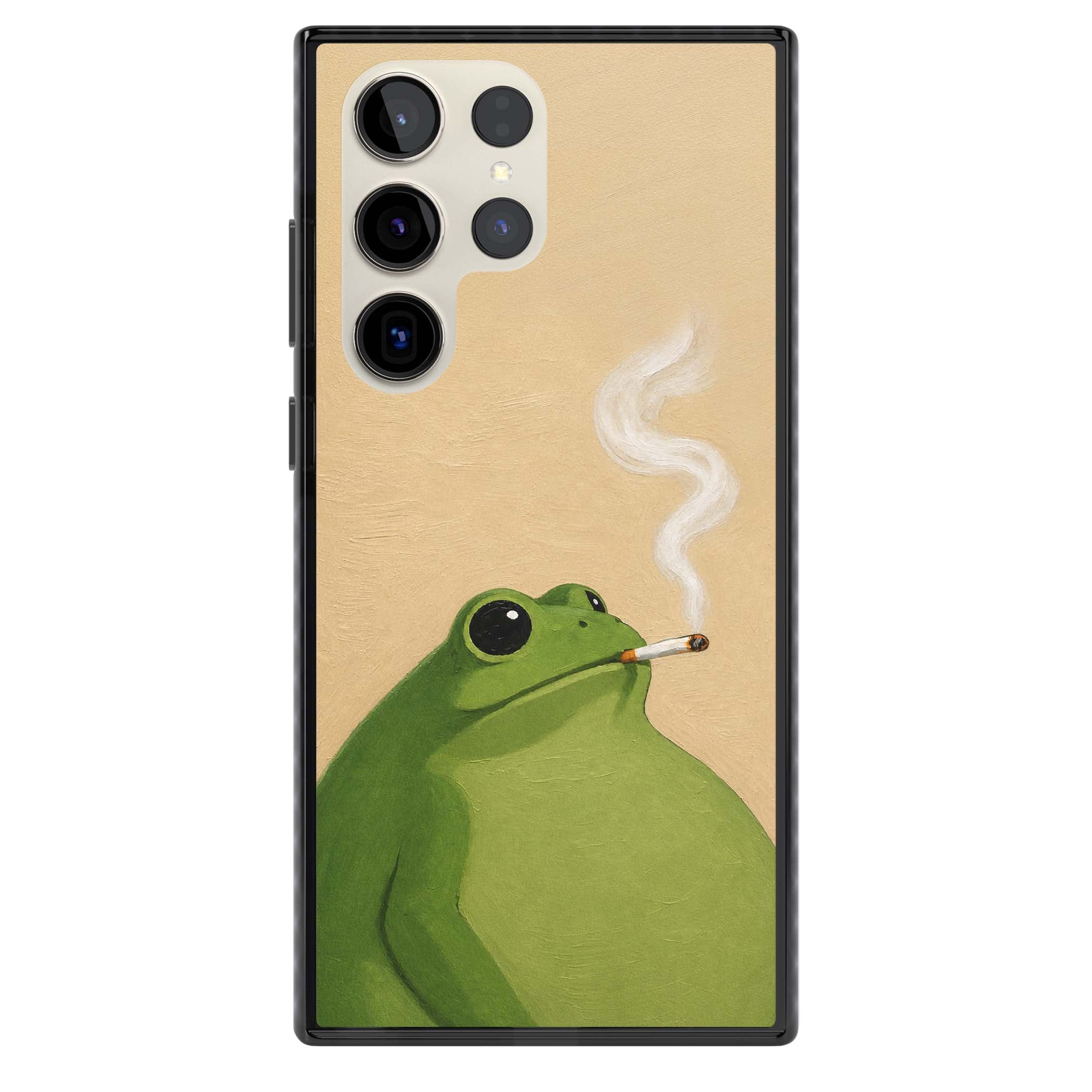 The Smoking Frog cottagecore iPhone case featuring a hand-painted green frog smoking a cigarette on a cream oil painting back | Black Impact case for Samsung Galaxy S24 Ultra, Samsung Galaxy S23 Ultra, Samsung Galaxy S22 Ultra