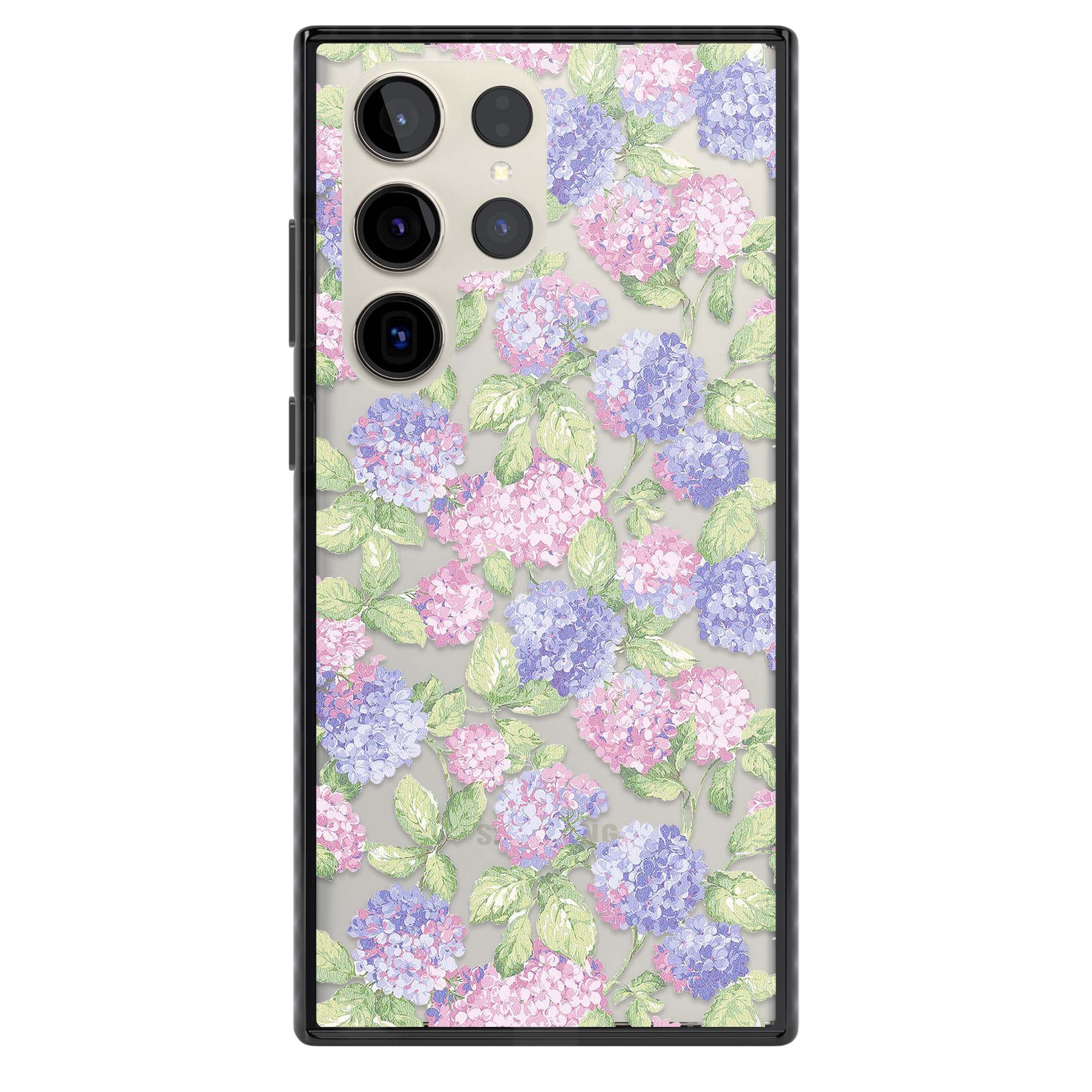 Cottage Hydrangea cottagecore iPhone case featuring pink and purple hydrangea blooms with green leaves on a clear background | Black Impact case for Samsung Galaxy S24 Ultra, Samsung Galaxy S23 Ultra, Samsung Galaxy S22 Ultra