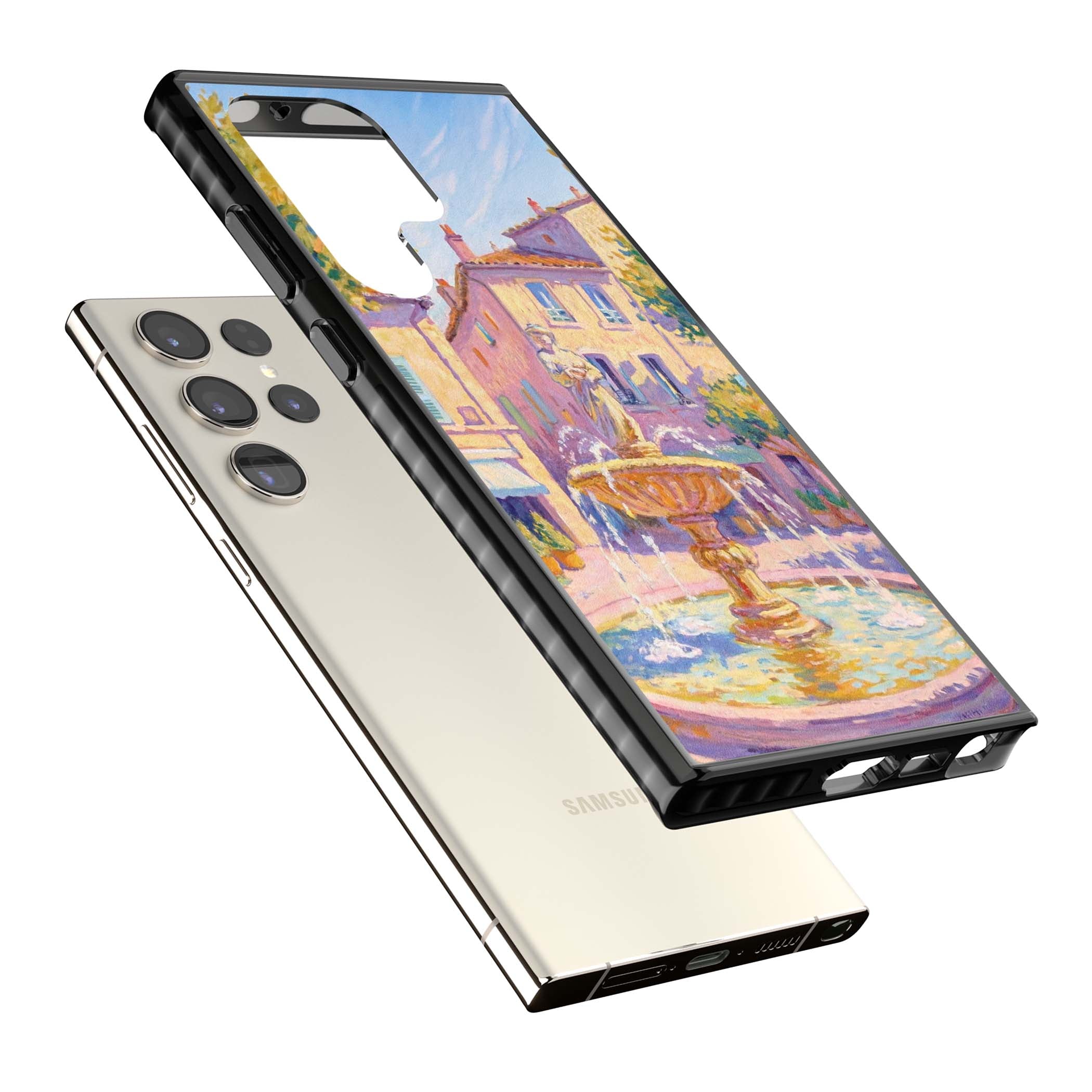 Fountain Square fine art iPhone case featuring an impressionist Provençal fountain, pastel village buildings and summe | Black Impact case for Samsung Galaxy S24 Ultra, Samsung Galaxy S23 Ultra, Samsung Galaxy S22 Ultra