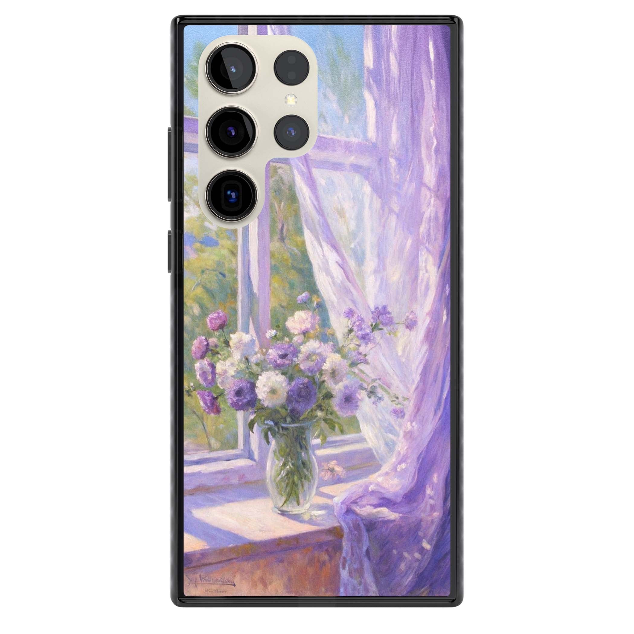 A Provence Morning impressionist art iPhone case featuring a vase of purple flowers, sunlit window and sheer curt | Black Impact case for Samsung Galaxy S24 Ultra, Samsung Galaxy S23 Ultra, Samsung Galaxy S22 Ultra