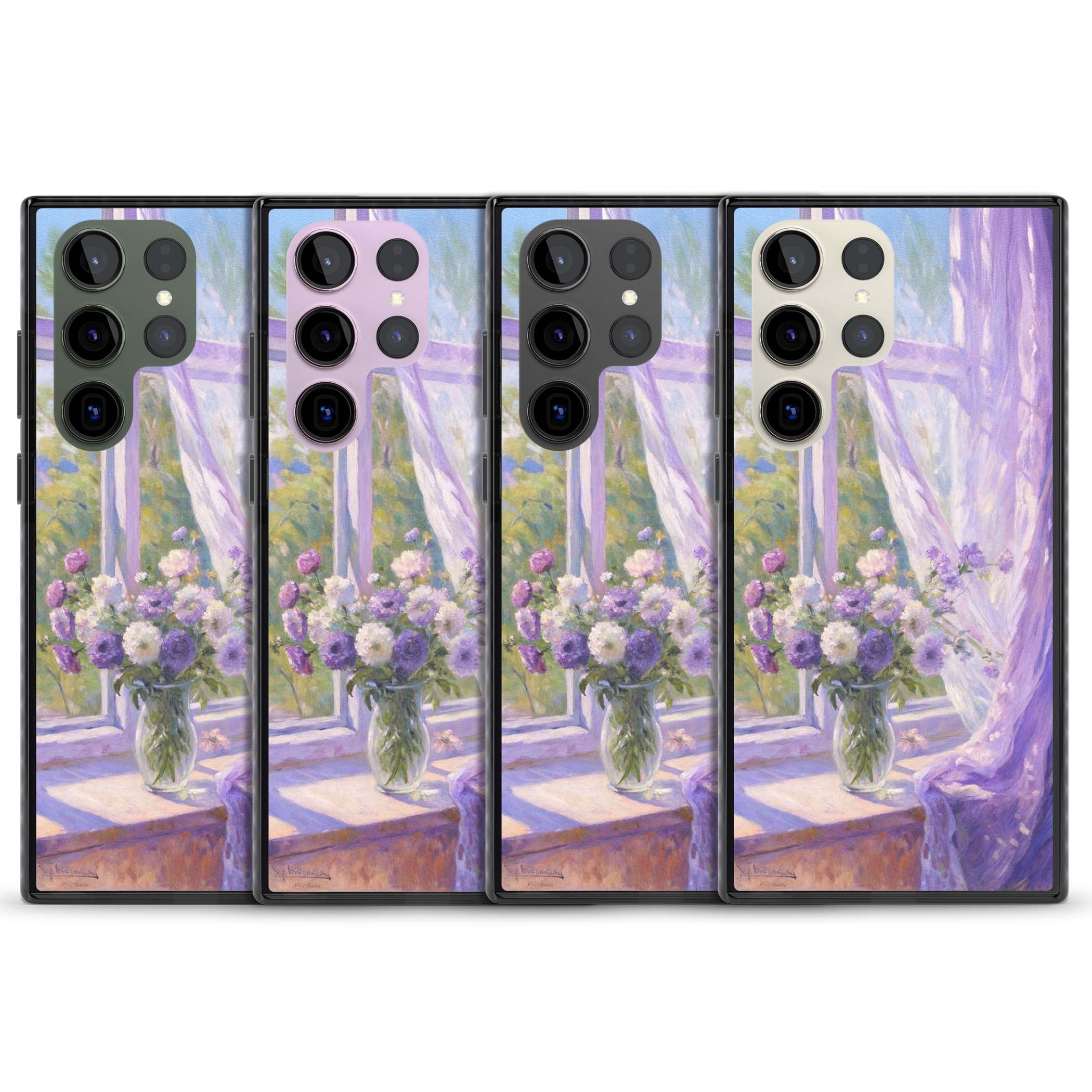 A Provence Morning impressionist art iPhone case featuring a vase of purple flowers, sunlit window and sheer curt | Black Impact case for Samsung Galaxy S24 Ultra, Samsung Galaxy S23 Ultra, Samsung Galaxy S22 Ultra