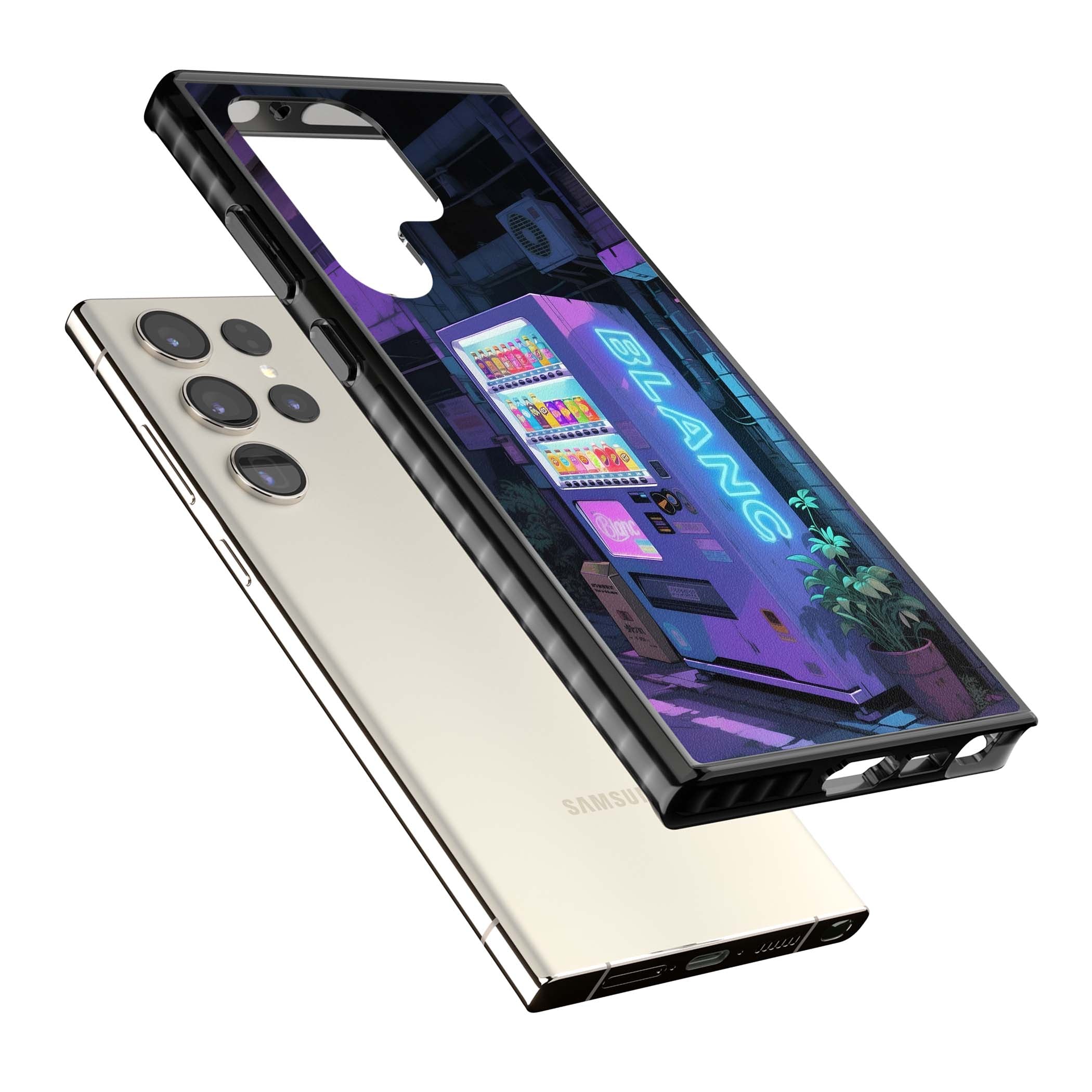 Shibuya Glow Japanese iPhone case featuring a glowing Tokyo vending machine, neon signage, and moody purple alleyway | Black Impact case for Samsung Galaxy S24 Ultra, Samsung Galaxy S23 Ultra, Samsung Galaxy S22 Ultra