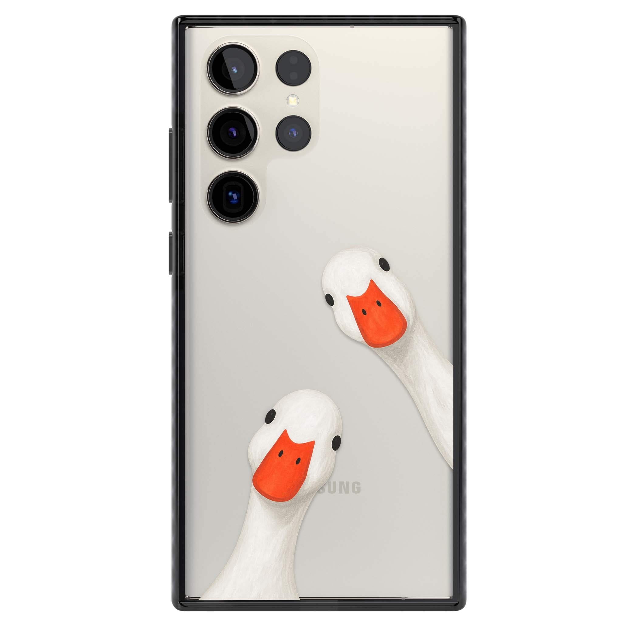 Nosy Ducks cottagecore iPhone case featuring two peeking white ducks with orange beaks on a clear background | Black Impact case for Samsung Galaxy S24 Ultra, Samsung Galaxy S23 Ultra, Samsung Galaxy S22 Ultra