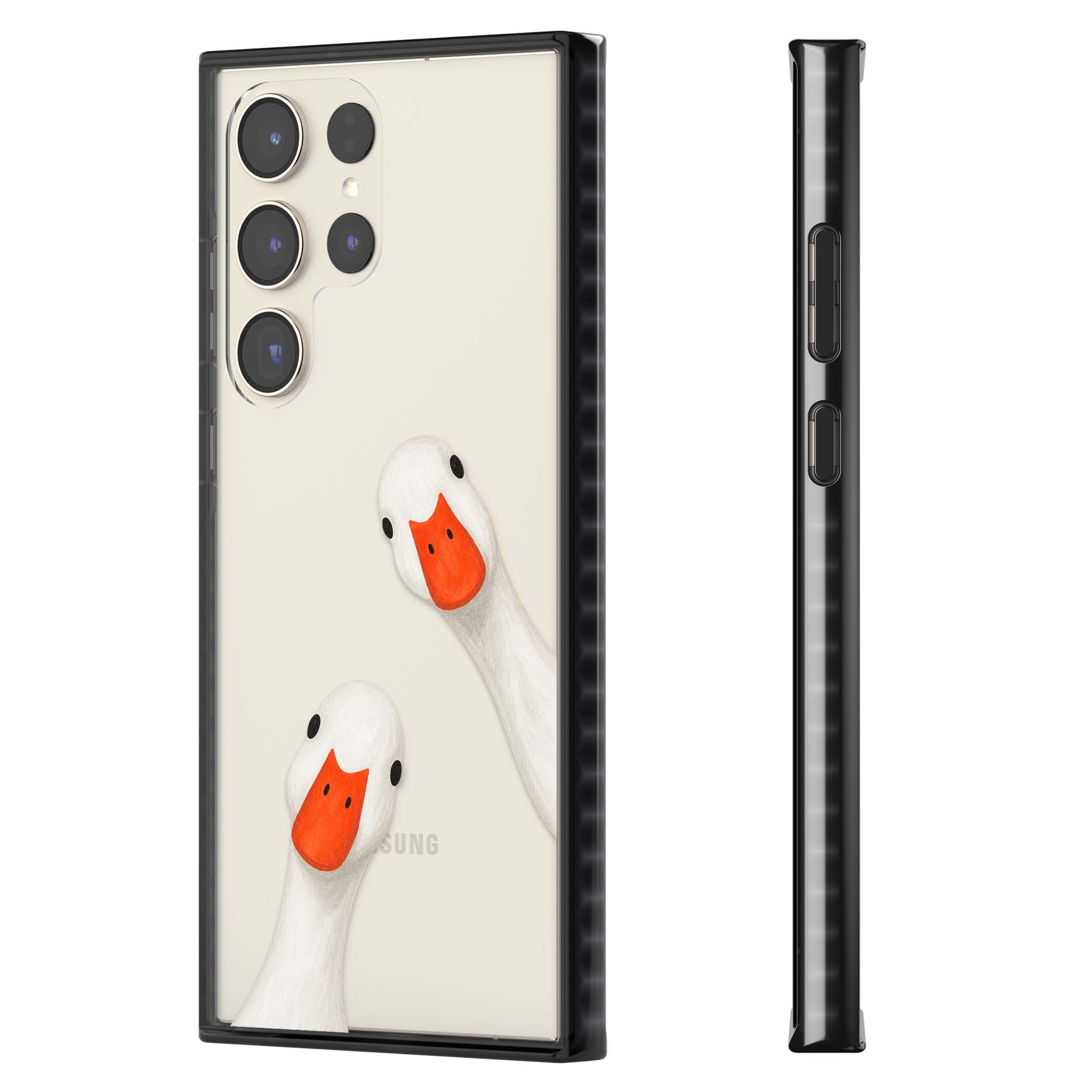 Nosy Ducks cottagecore iPhone case featuring two peeking white ducks with orange beaks on a clear background | Black Impact case for Samsung Galaxy S24 Ultra, Samsung Galaxy S23 Ultra, Samsung Galaxy S22 Ultra