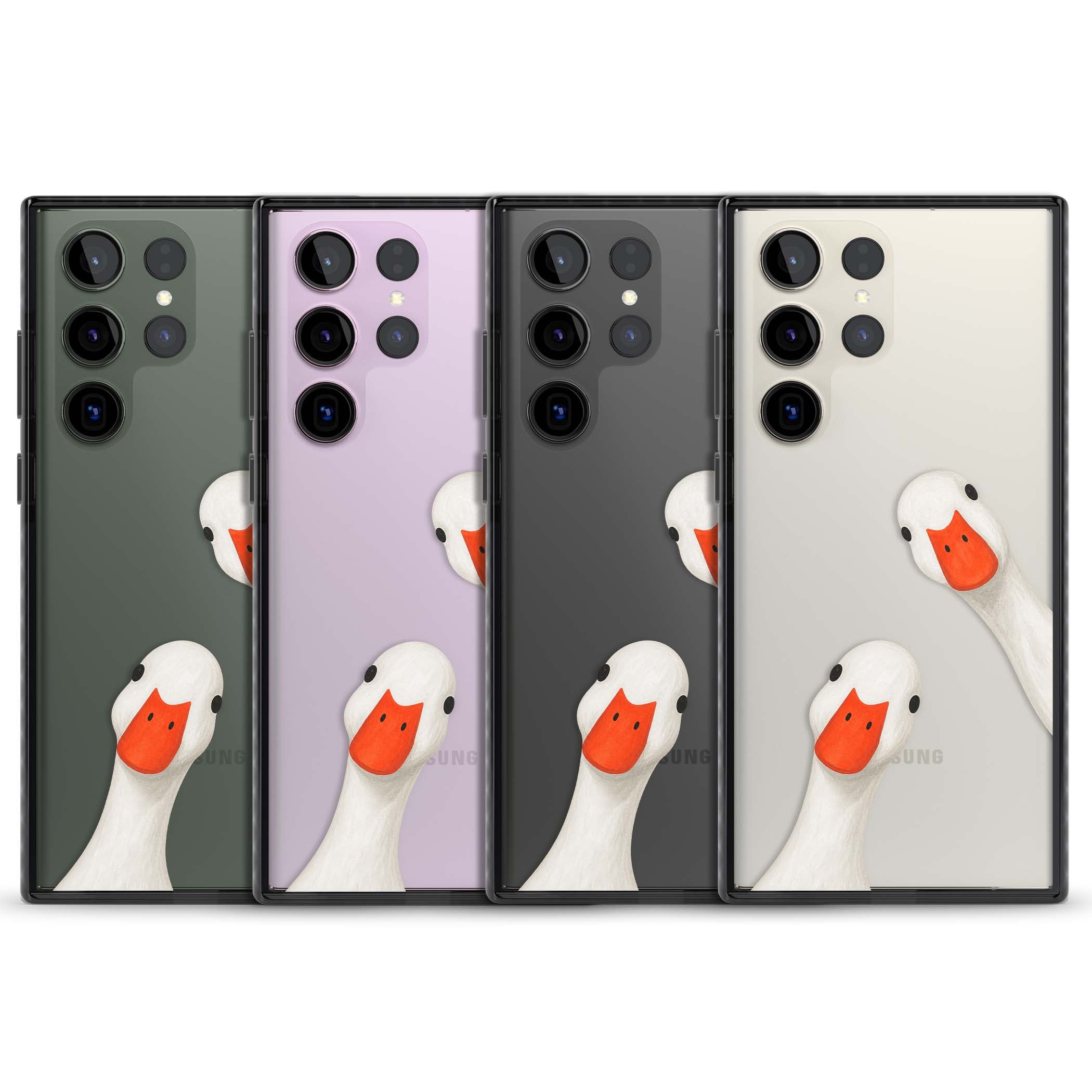 Nosy Ducks cottagecore iPhone case featuring two peeking white ducks with orange beaks on a clear background | Black Impact case for Samsung Galaxy S24 Ultra, Samsung Galaxy S23 Ultra, Samsung Galaxy S22 Ultra