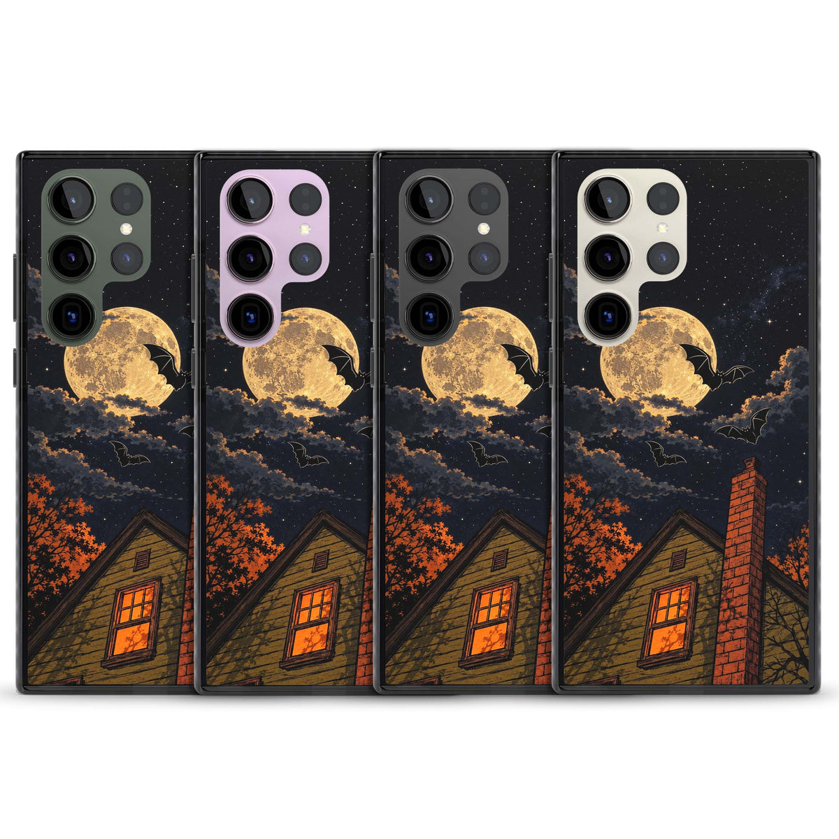 Hollows Eve Halloween iPhone case featuring a haunted house, full moon and flying bats against a starry autumn sky | Black Impact case for Samsung Galaxy S24 Ultra, Samsung Galaxy S23 Ultra, Samsung Galaxy S22 Ultra