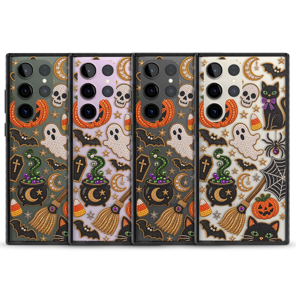 Beaded Halloween Halloween iPhone case featuring beaded pumpkins, ghosts, black cats and bats | Black Impact case for Samsung Galaxy S24 Ultra, Samsung Galaxy S23 Ultra, Samsung Galaxy S22 Ultra