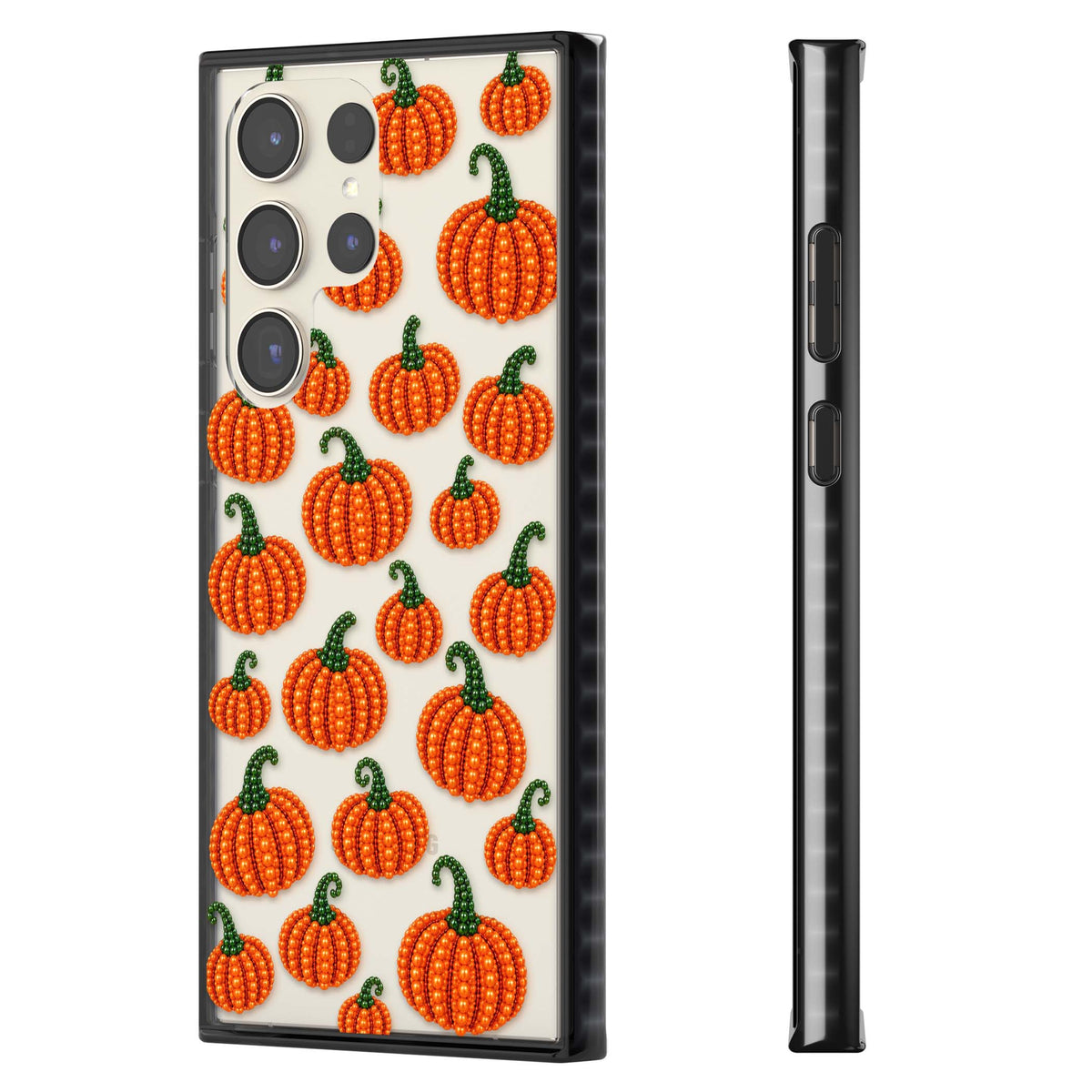 Beaded Pumpkins halloween iPhone case featuring beaded orange pumpkins with green stems on a clear background | Black Impact case for Samsung Galaxy S24 Ultra, Samsung Galaxy S23 Ultra, Samsung Galaxy S22 Ultra