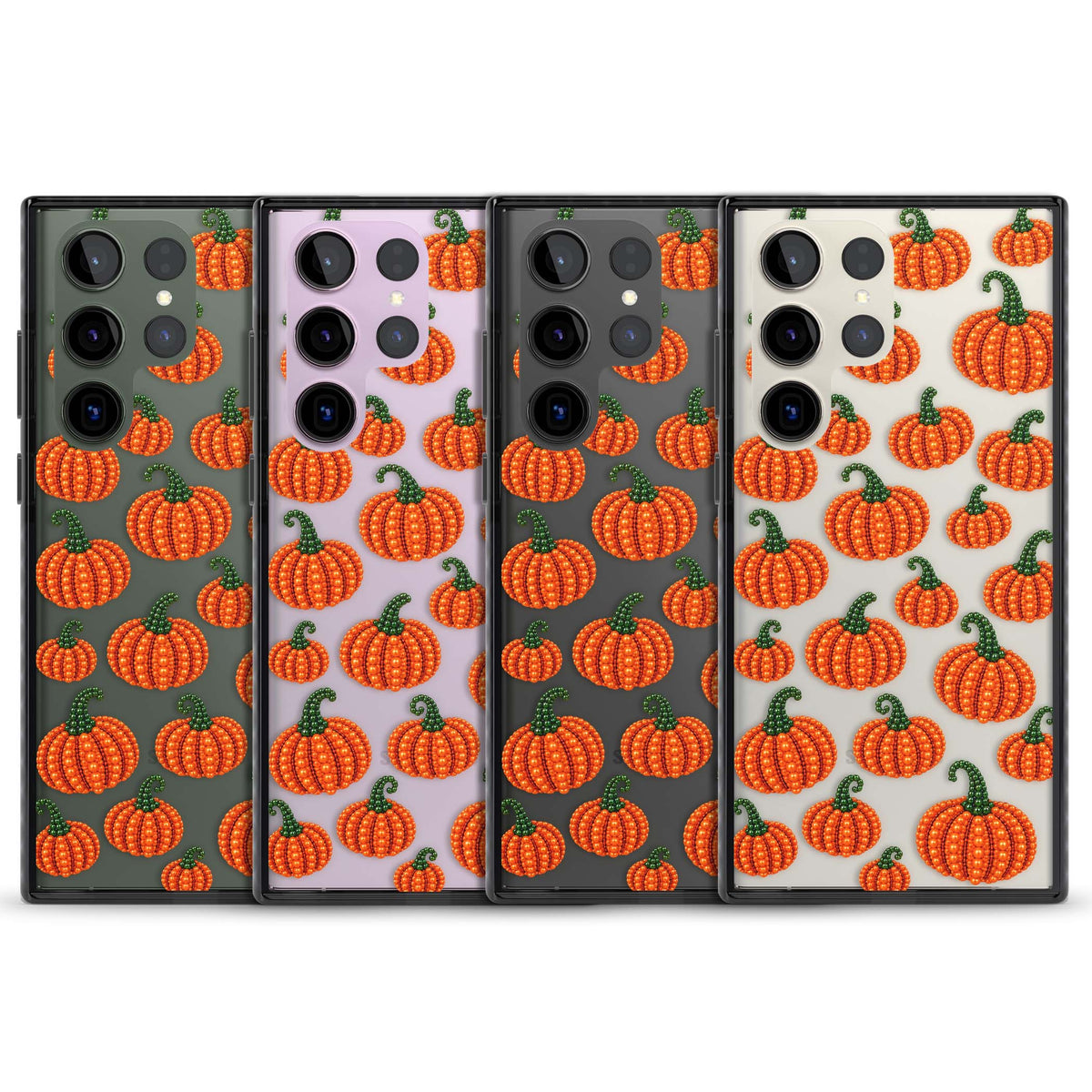 Beaded Pumpkins halloween iPhone case featuring beaded orange pumpkins with green stems on a clear background | Black Impact case for Samsung Galaxy S24 Ultra, Samsung Galaxy S23 Ultra, Samsung Galaxy S22 Ultra