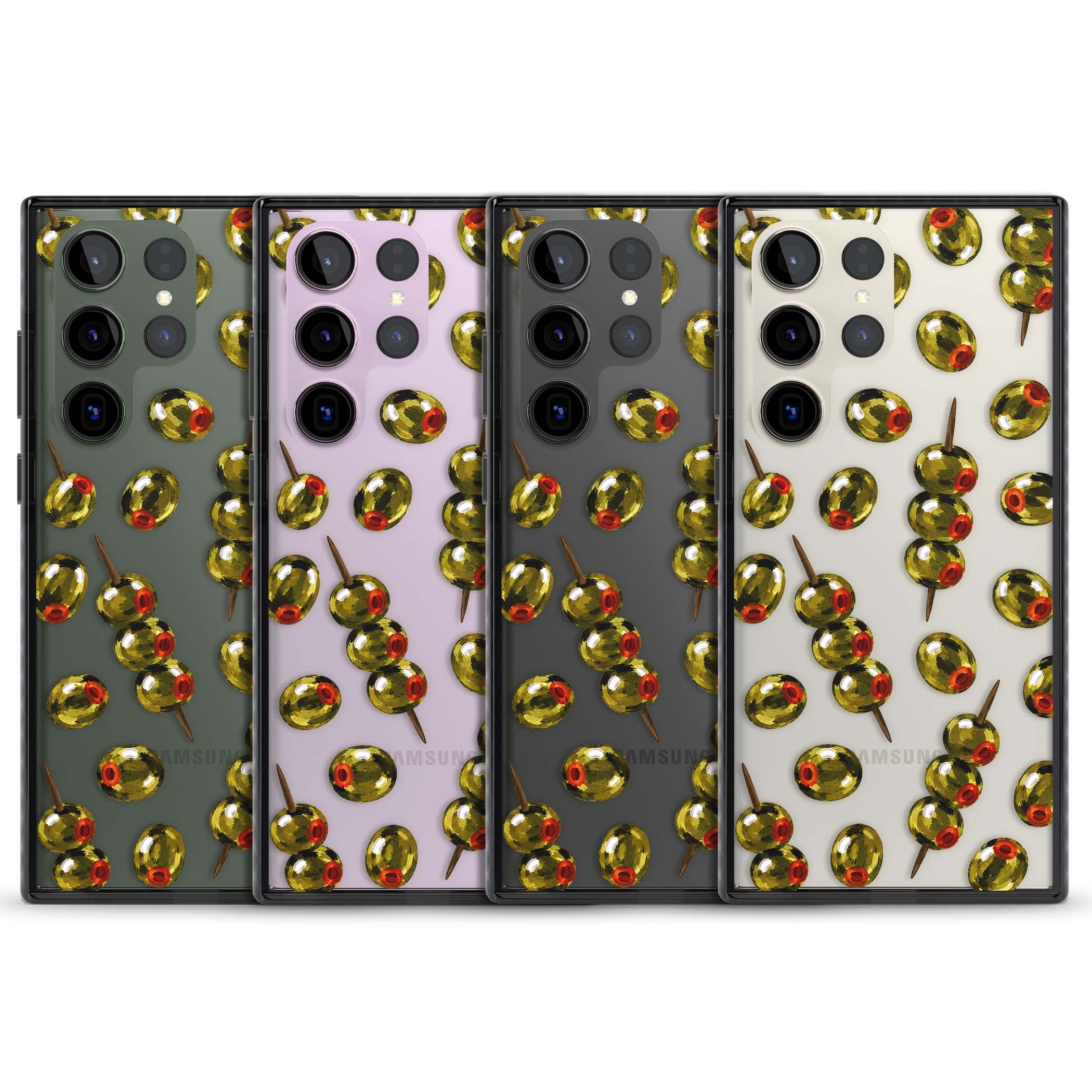 Painted Olives cocktail iPhone case featuring green olives, pimento centres and toothpick skewers on a clear background | Black Impact case for Samsung Galaxy S24 Ultra, Samsung Galaxy S23 Ultra, Samsung Galaxy S22 Ultra