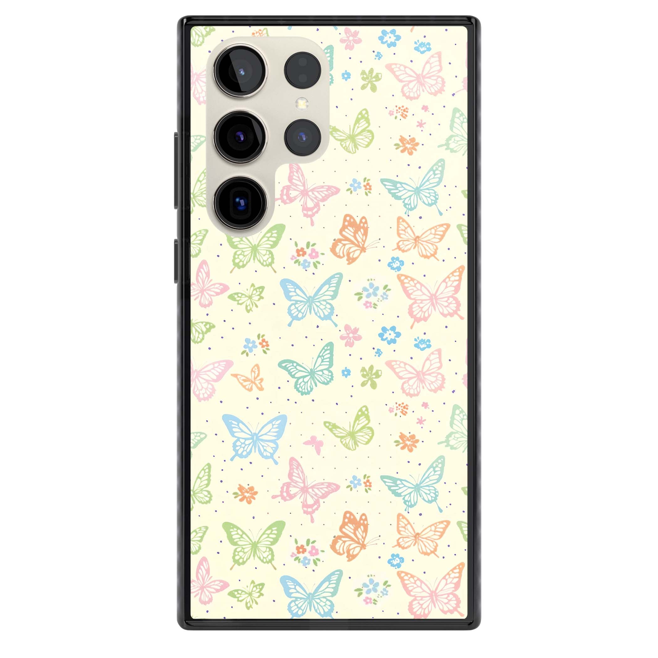 Sugar Wings cottagecore iPhone case featuring rainbow pastel butterflies, tiny wildflowers, and a cream background | Black Impact case for Samsung Galaxy S24 Ultra, Samsung Galaxy S23 Ultra, Samsung Galaxy S22 Ultra