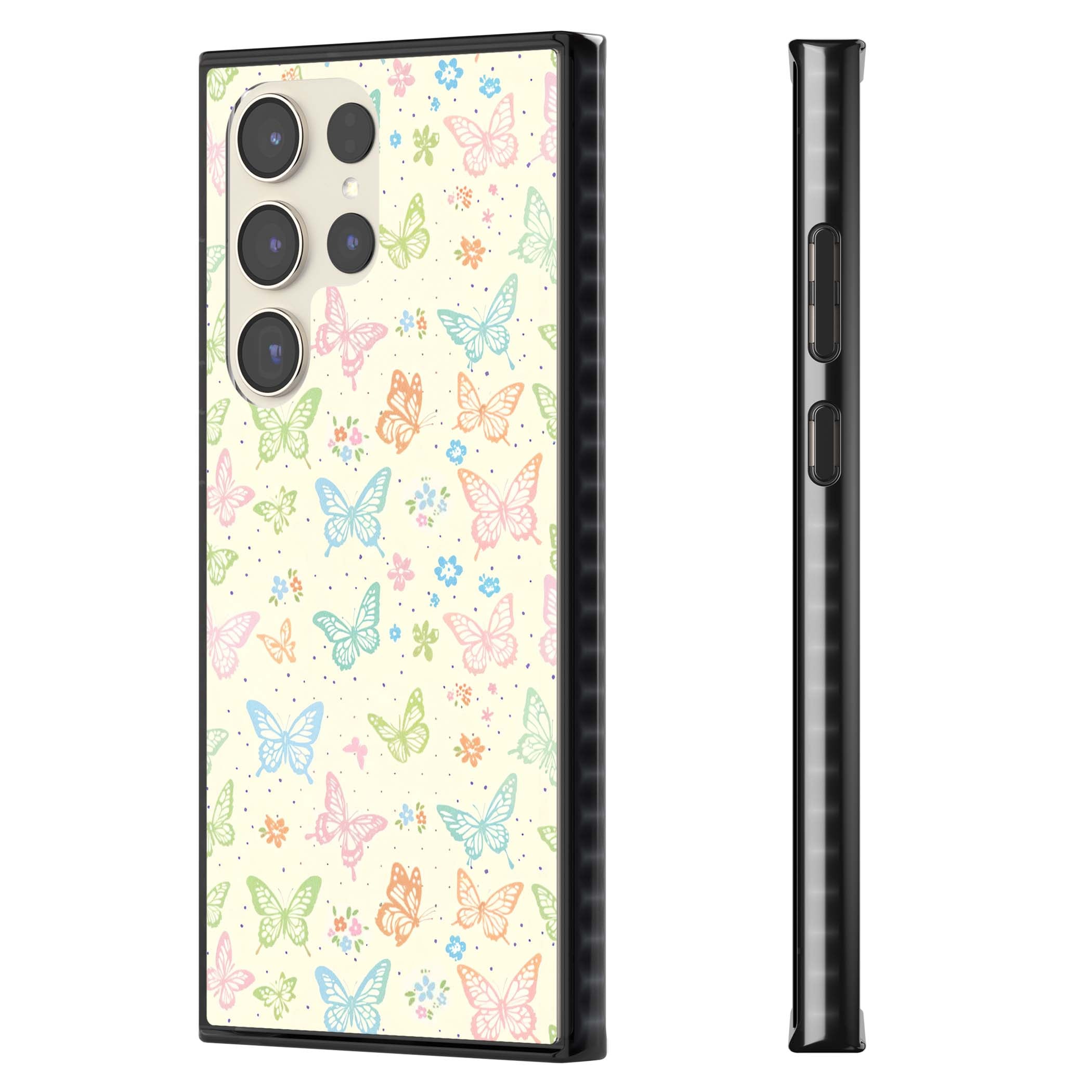 Sugar Wings cottagecore iPhone case featuring rainbow pastel butterflies, tiny wildflowers, and a cream background | Black Impact case for Samsung Galaxy S24 Ultra, Samsung Galaxy S23 Ultra, Samsung Galaxy S22 Ultra