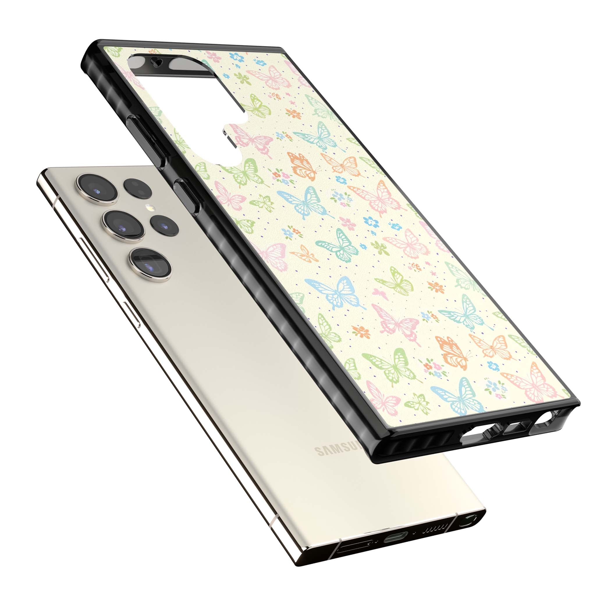 Sugar Wings cottagecore iPhone case featuring rainbow pastel butterflies, tiny wildflowers, and a cream background | Black Impact case for Samsung Galaxy S24 Ultra, Samsung Galaxy S23 Ultra, Samsung Galaxy S22 Ultra