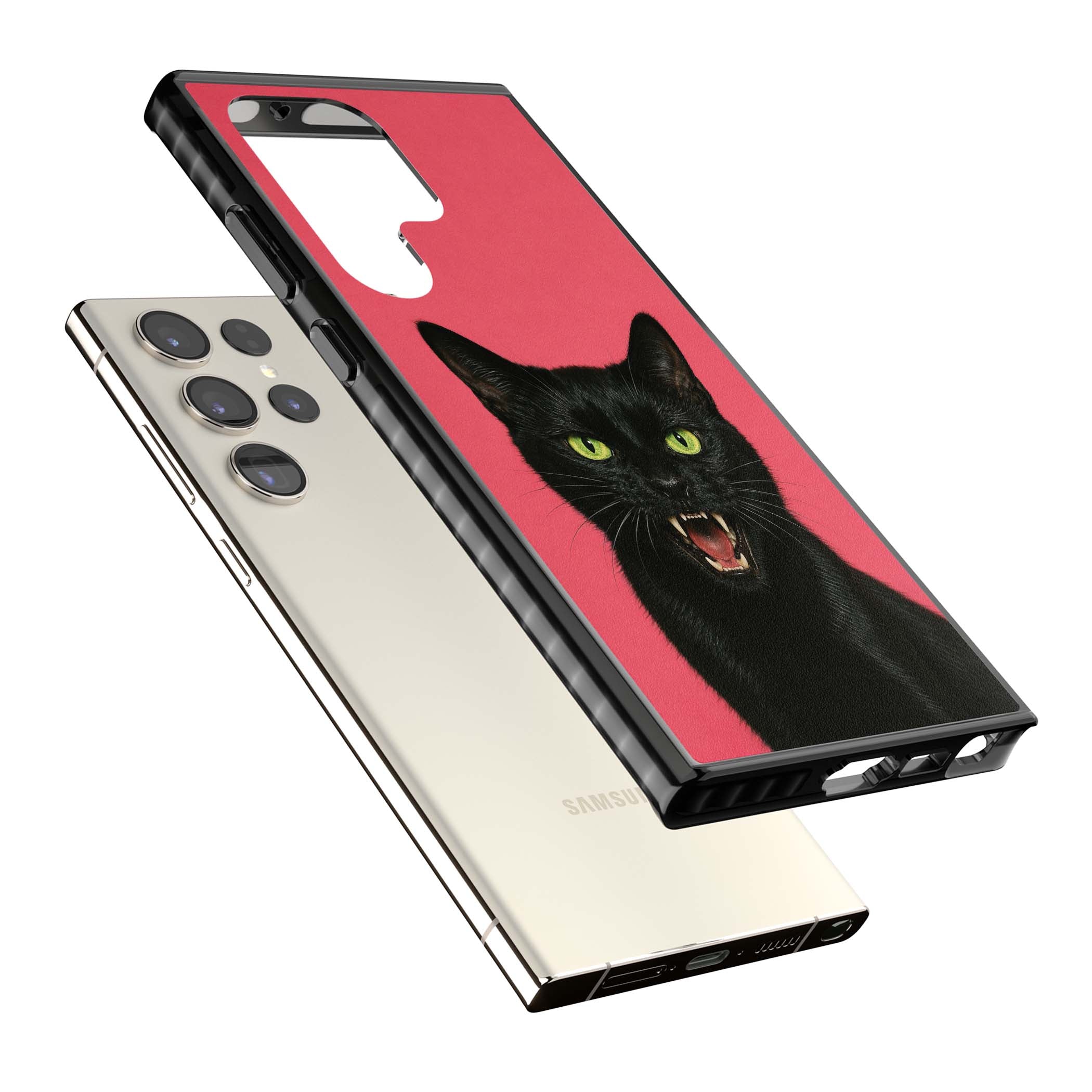 Hissin' Baddie black cat iPhone case featuring a hissing feline with green eyes on a hot pink background | Black Impact case for Samsung Galaxy S24 Ultra, Samsung Galaxy S23 Ultra, Samsung Galaxy S22 Ultra