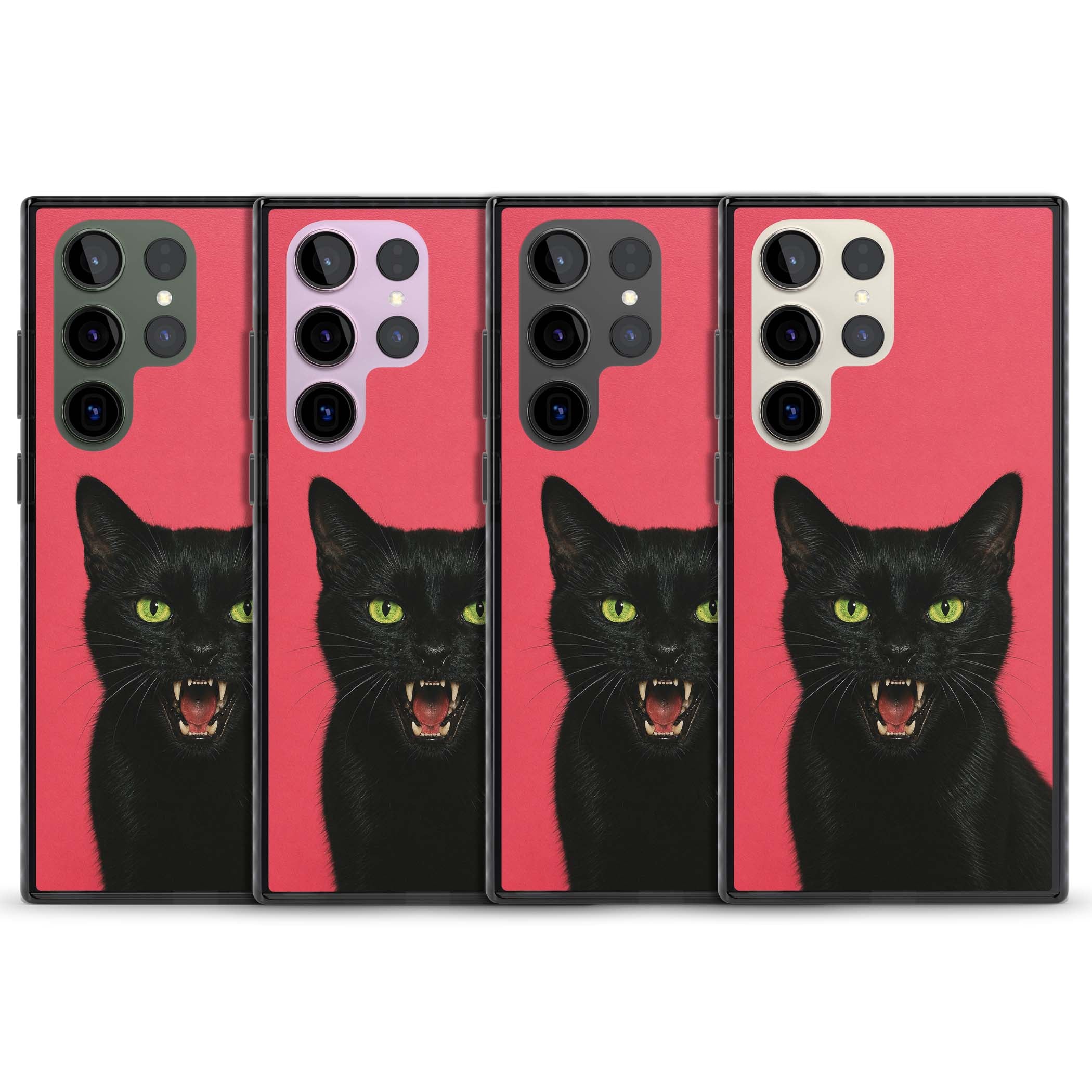 Hissin' Baddie black cat iPhone case featuring a hissing feline with green eyes on a hot pink background | Black Impact case for Samsung Galaxy S24 Ultra, Samsung Galaxy S23 Ultra, Samsung Galaxy S22 Ultra