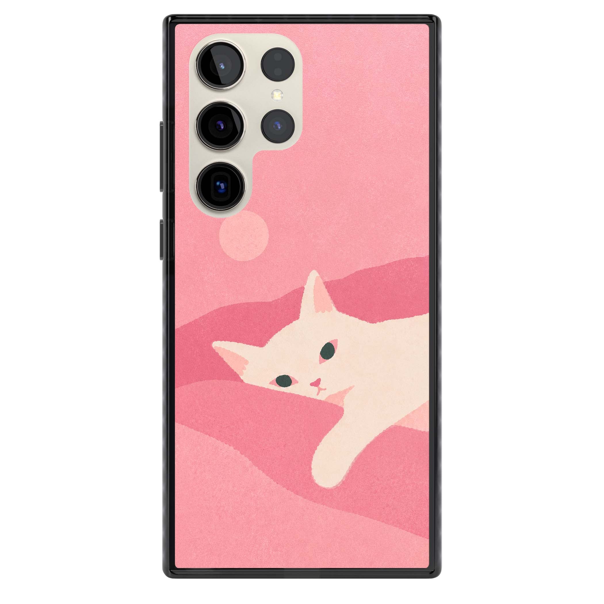 Pink Dreams cute cat iPhone case featuring a white kitten, soft pink hills and a pale pastel sun | Black Impact case for Samsung Galaxy S24 Ultra, Samsung Galaxy S23 Ultra, Samsung Galaxy S22 Ultra