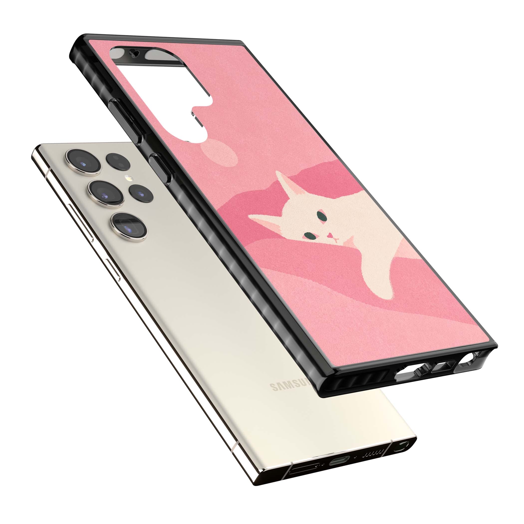 Pink Dreams cute cat iPhone case featuring a white kitten, soft pink hills and a pale pastel sun | Black Impact case for Samsung Galaxy S24 Ultra, Samsung Galaxy S23 Ultra, Samsung Galaxy S22 Ultra
