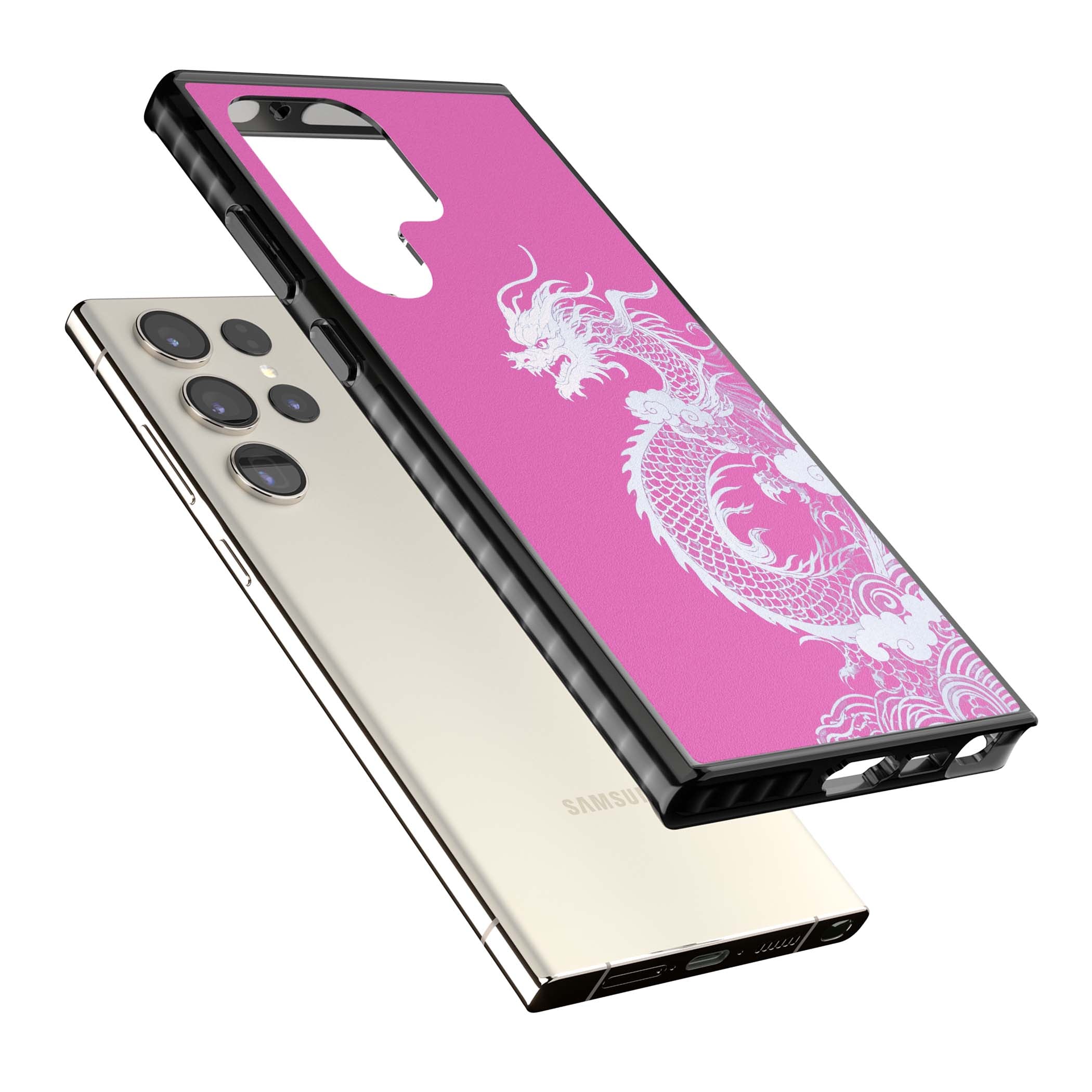 Pink Empress chinese dragon iPhone case featuring a white dragon, swirling clouds and pink dragon wallpaper backdrop | Black Impact case for Samsung Galaxy S24 Ultra, Samsung Galaxy S23 Ultra, Samsung Galaxy S22 Ultra