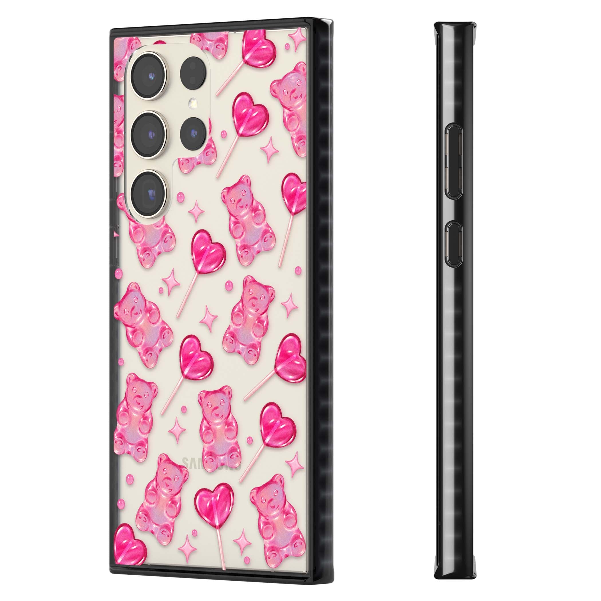 Pink Sugar pinkcore iPhone case featuring pink gummy bears, heart-shaped lollipops and sparkle stars | Black Impact case for Samsung Galaxy S24 Ultra, Samsung Galaxy S23 Ultra, Samsung Galaxy S22 Ultra