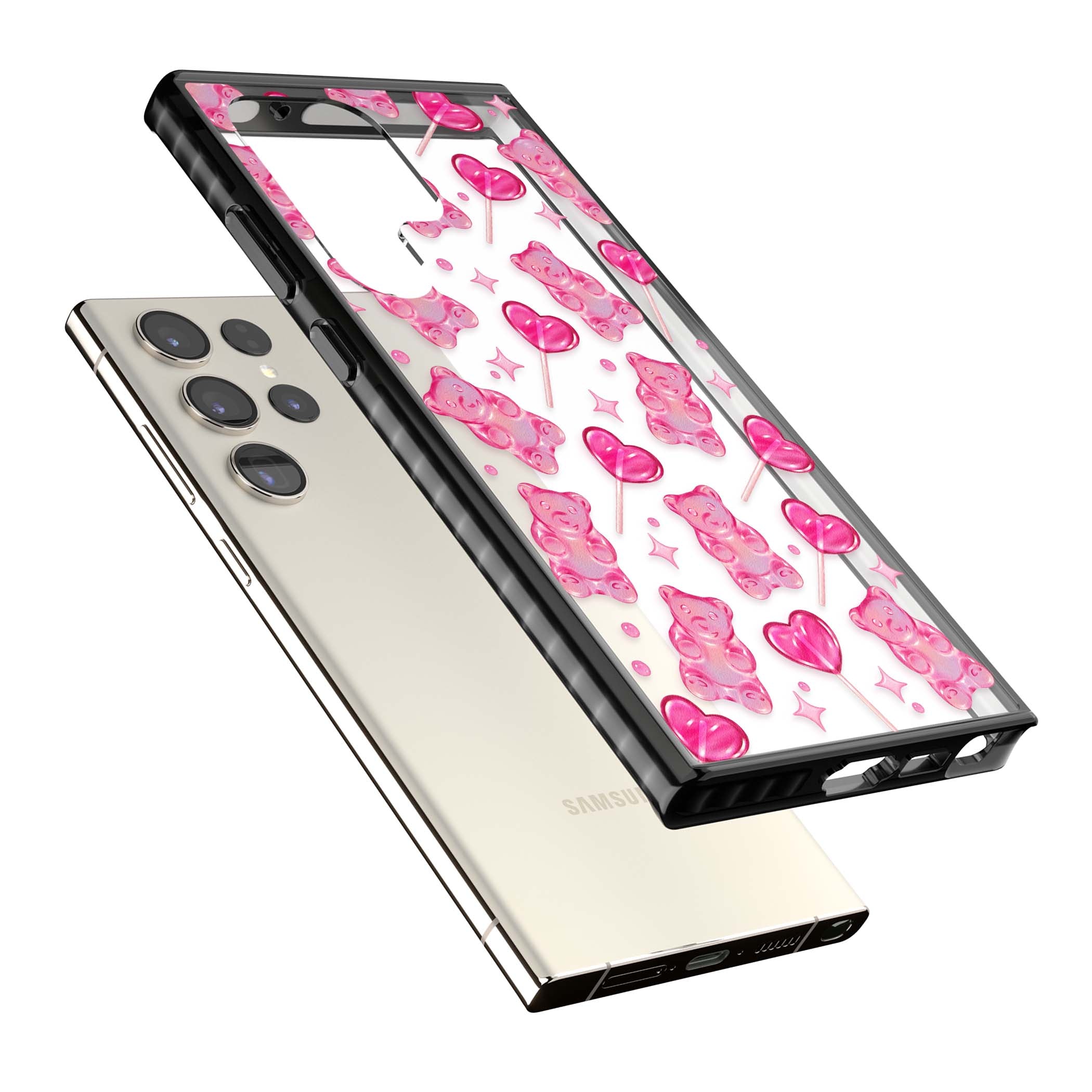 Pink Sugar pinkcore iPhone case featuring pink gummy bears, heart-shaped lollipops and sparkle stars | Black Impact case for Samsung Galaxy S24 Ultra, Samsung Galaxy S23 Ultra, Samsung Galaxy S22 Ultra