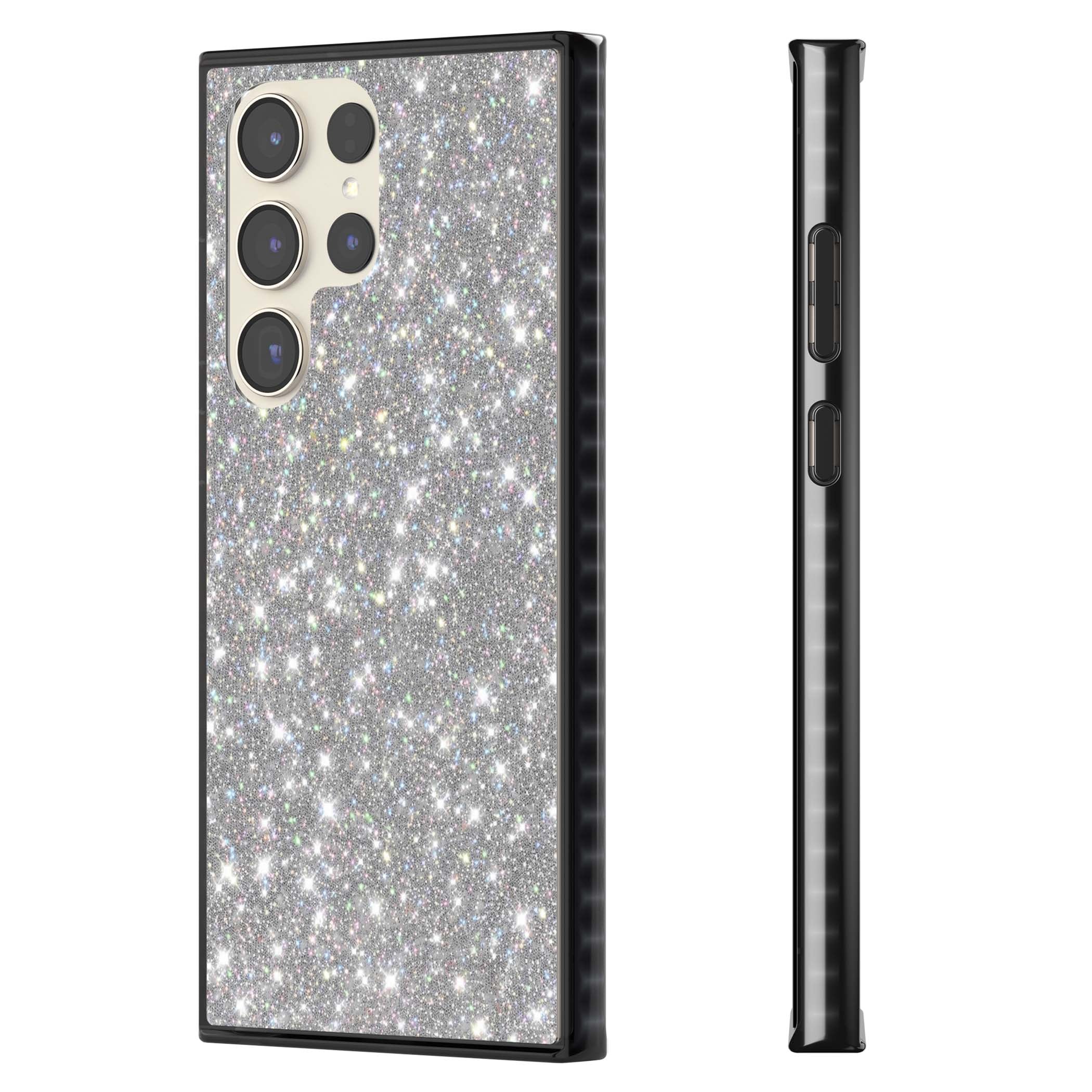 Diamond glam iPhone case featuring silver glitter sparkle and shimmering diamond dust effect | Black Impact case for Samsung Galaxy S24 Ultra, Samsung Galaxy S23 Ultra, Samsung Galaxy S22 Ultra