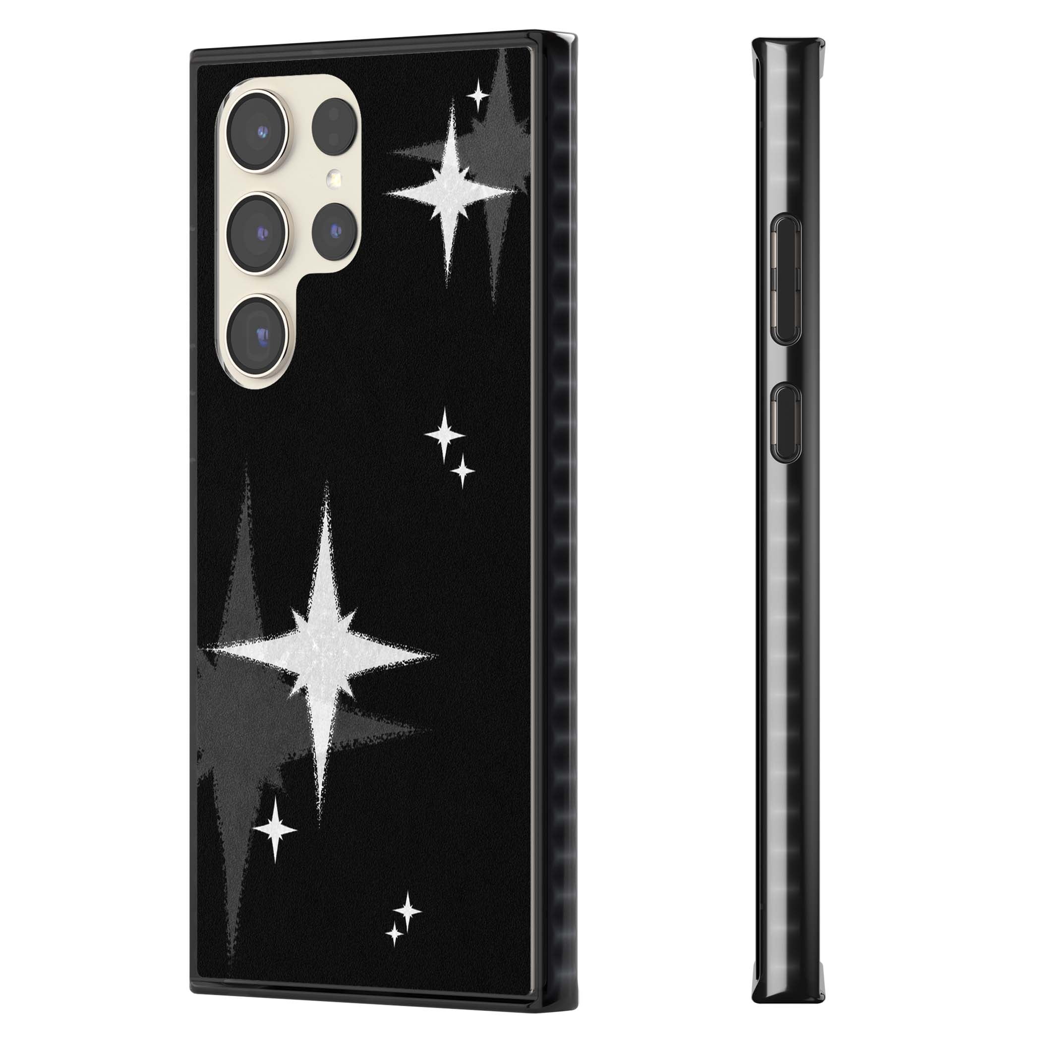 Black Sparkle celestial iPhone case featuring white sparkle stars on a black night sky background | Black Impact case for Samsung Galaxy S24 Ultra, Samsung Galaxy S23 Ultra, Samsung Galaxy S22 Ultra