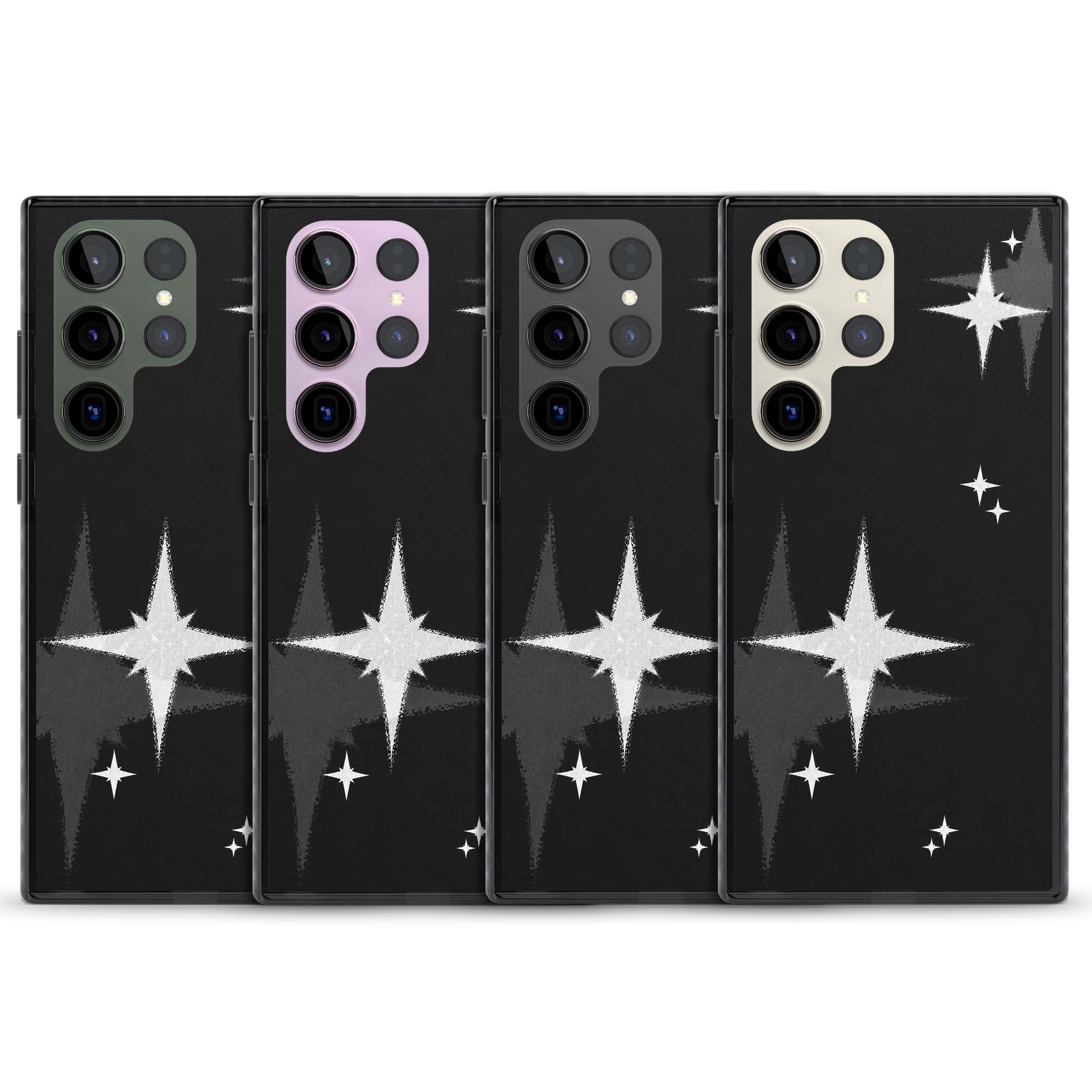 Black Sparkle celestial iPhone case featuring white sparkle stars on a black night sky background | Black Impact case for Samsung Galaxy S24 Ultra, Samsung Galaxy S23 Ultra, Samsung Galaxy S22 Ultra