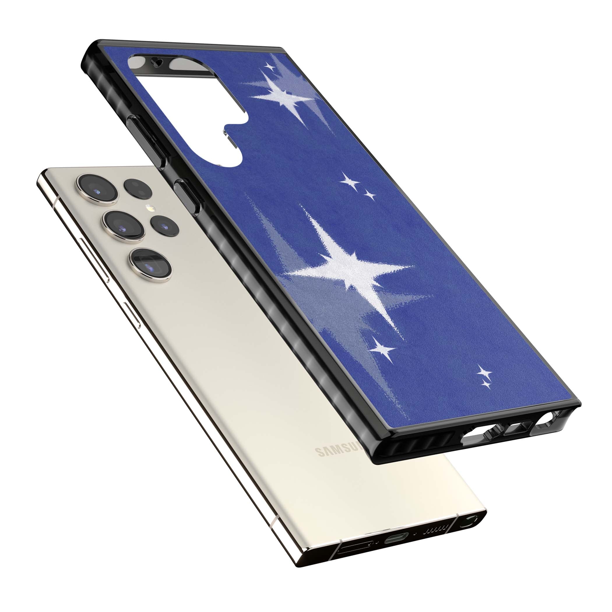 Blue Sparkle celestial iPhone case featuring sparkling silver stars on a deep blue painterly night sky | Black Impact case for Samsung Galaxy S24 Ultra, Samsung Galaxy S23 Ultra, Samsung Galaxy S22 Ultra