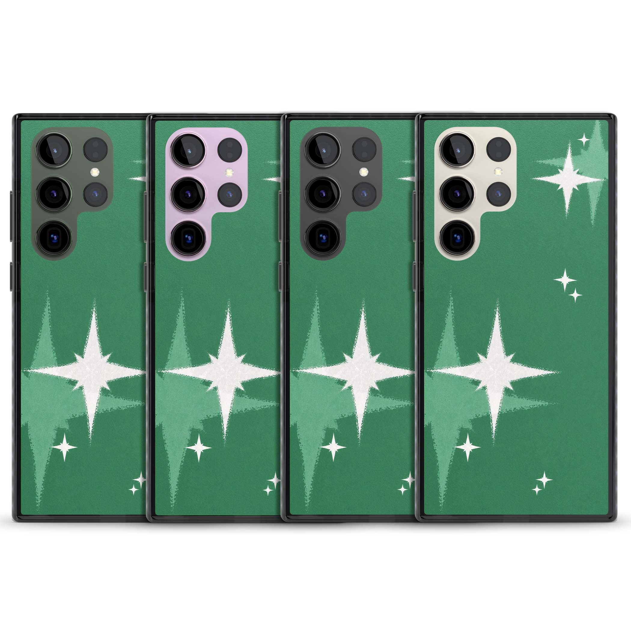 Green Sparkle celestial iPhone case featuring sparkling white four-point stars on a deep green background | Black Impact case for Samsung Galaxy S24 Ultra, Samsung Galaxy S23 Ultra, Samsung Galaxy S22 Ultra