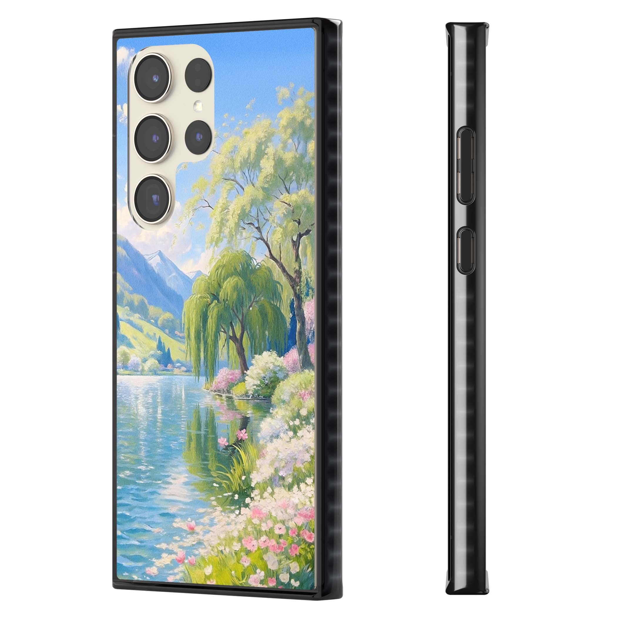 Willow Lake cottagecore iPhone case featuring a painted lakeside with weeping willow, blossoms and distant mountains | Black Impact case for Samsung Galaxy S24 Ultra, Samsung Galaxy S23 Ultra, Samsung Galaxy S22 Ultra