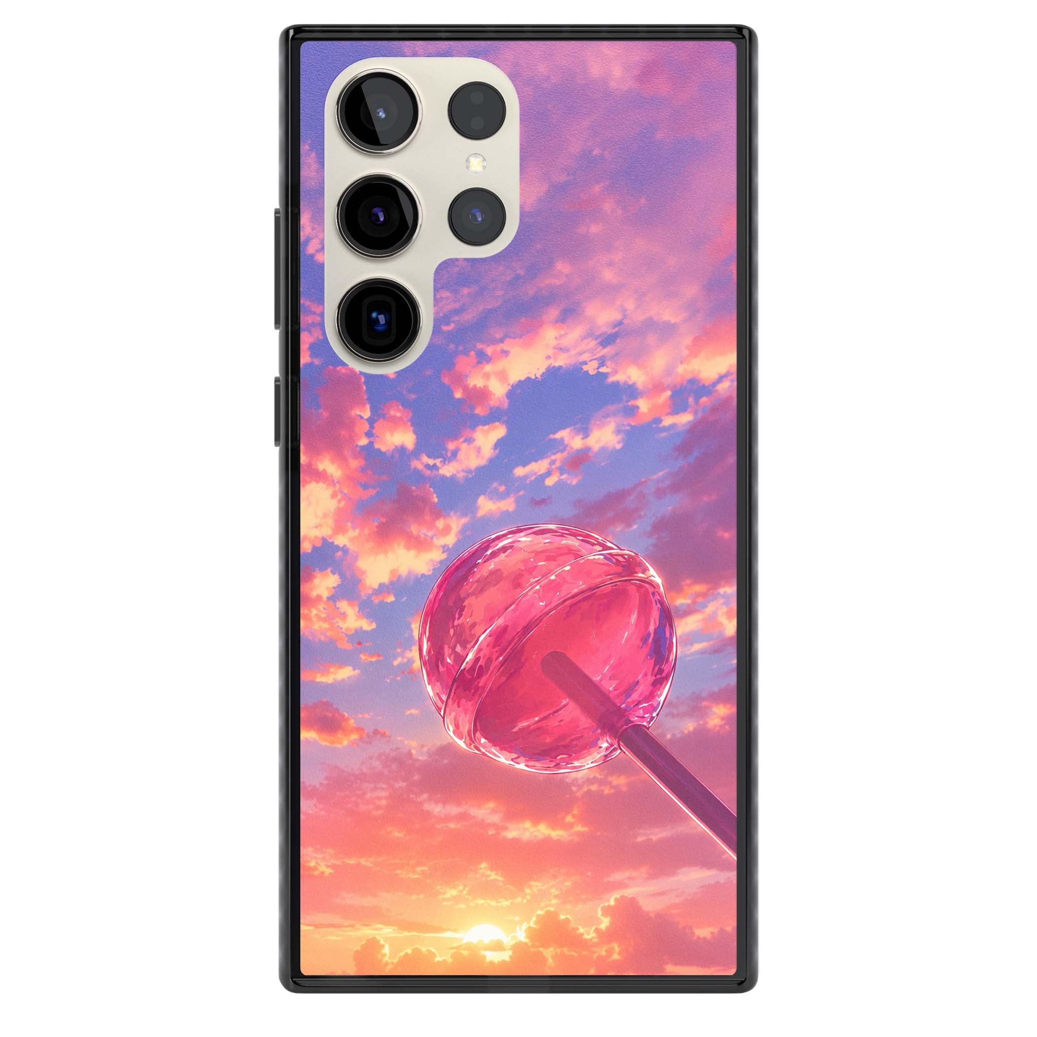 Sugar Sunset candy aesthetic iPhone case featuring a pink lollipop, pastel sunset sky and dreamy clouds | Black Impact case for Samsung Galaxy S24 Ultra, Samsung Galaxy S23 Ultra, Samsung Galaxy S22 Ultra