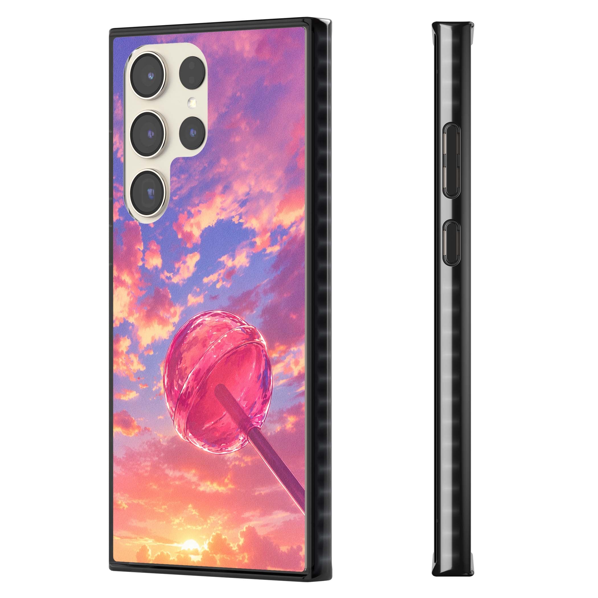 Sugar Sunset candy aesthetic iPhone case featuring a pink lollipop, pastel sunset sky and dreamy clouds | Black Impact case for Samsung Galaxy S24 Ultra, Samsung Galaxy S23 Ultra, Samsung Galaxy S22 Ultra