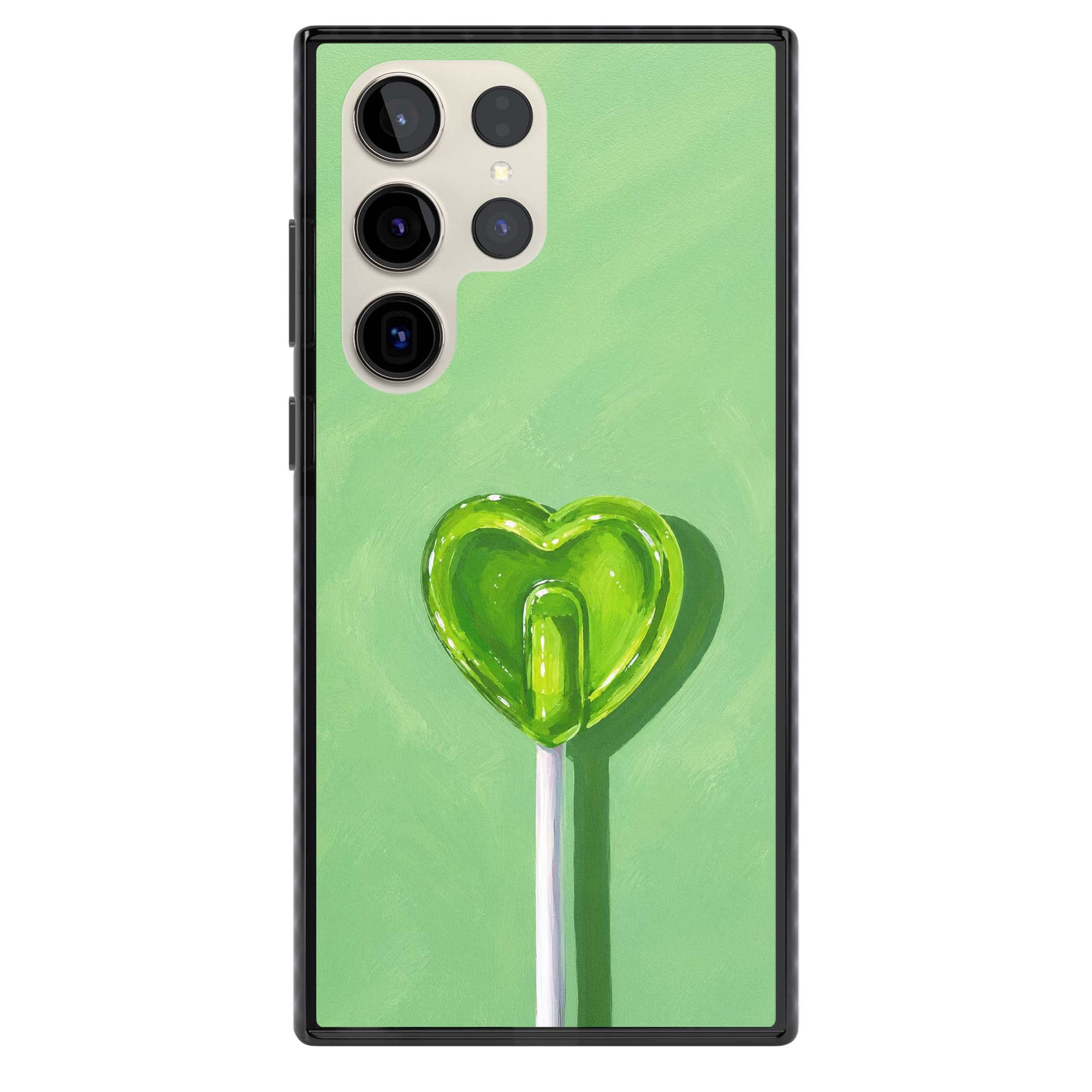 Green Lollipop candy art iPhone case featuring a glossy green heart-shaped lollipop on a painted pastel green background | Black Impact case for Samsung Galaxy S24 Ultra, Samsung Galaxy S23 Ultra, Samsung Galaxy S22 Ultra
