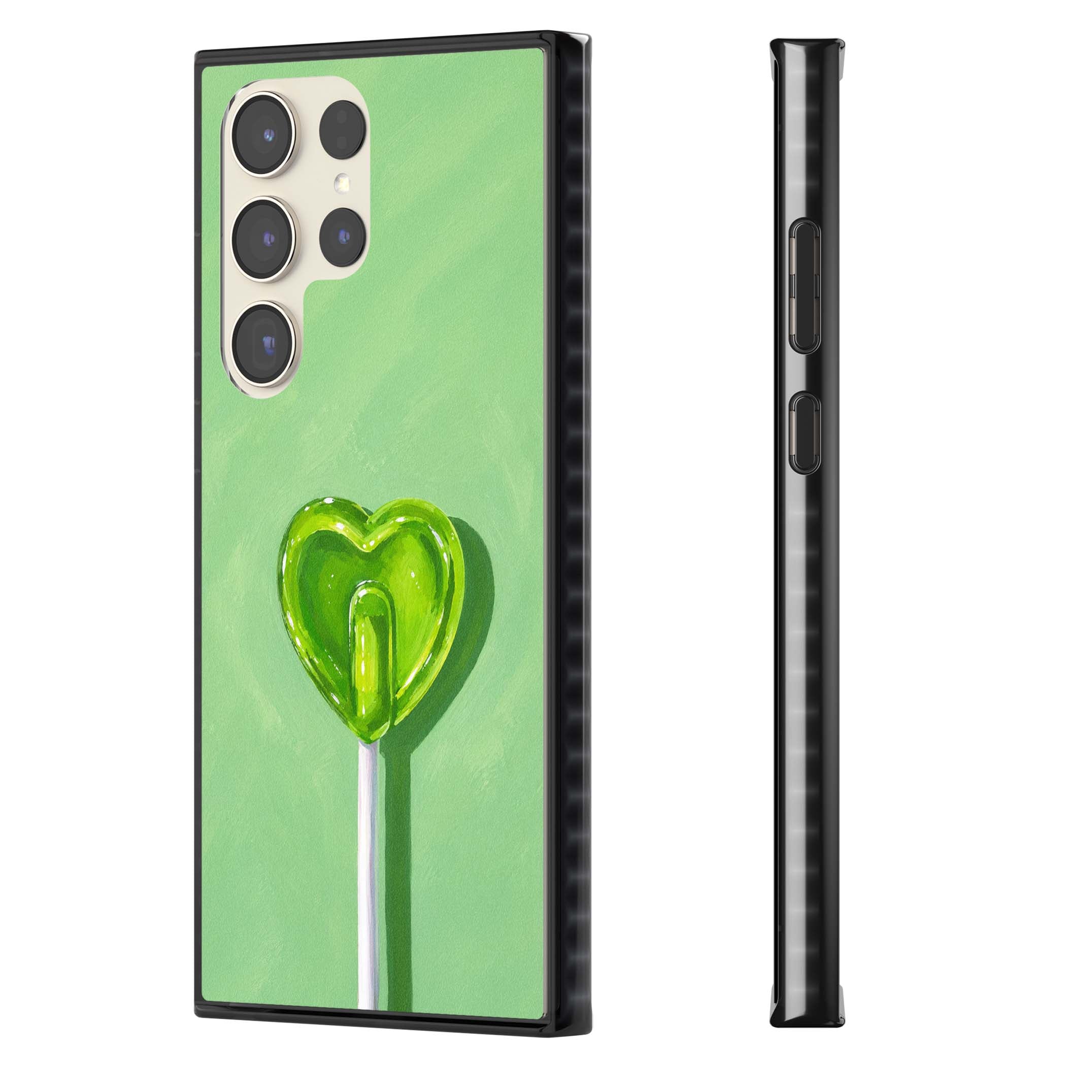 Green Lollipop candy art iPhone case featuring a glossy green heart-shaped lollipop on a painted pastel green background | Black Impact case for Samsung Galaxy S24 Ultra, Samsung Galaxy S23 Ultra, Samsung Galaxy S22 Ultra