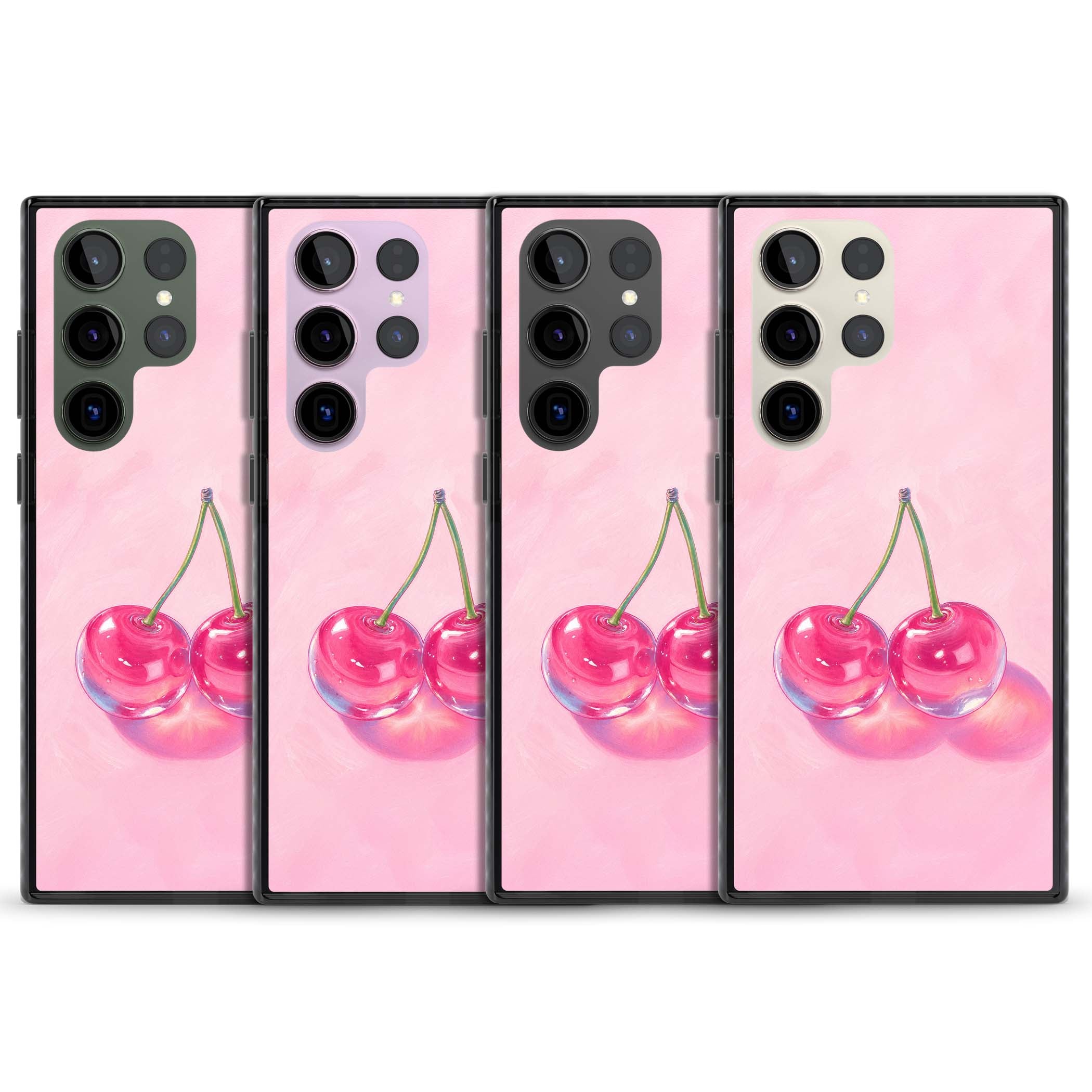 Pink Glass Cherry coquette iPhone case featuring two glossy painted cherries on a soft pink background | Black Impact case for Samsung Galaxy S24 Ultra, Samsung Galaxy S23 Ultra, Samsung Galaxy S22 Ultra