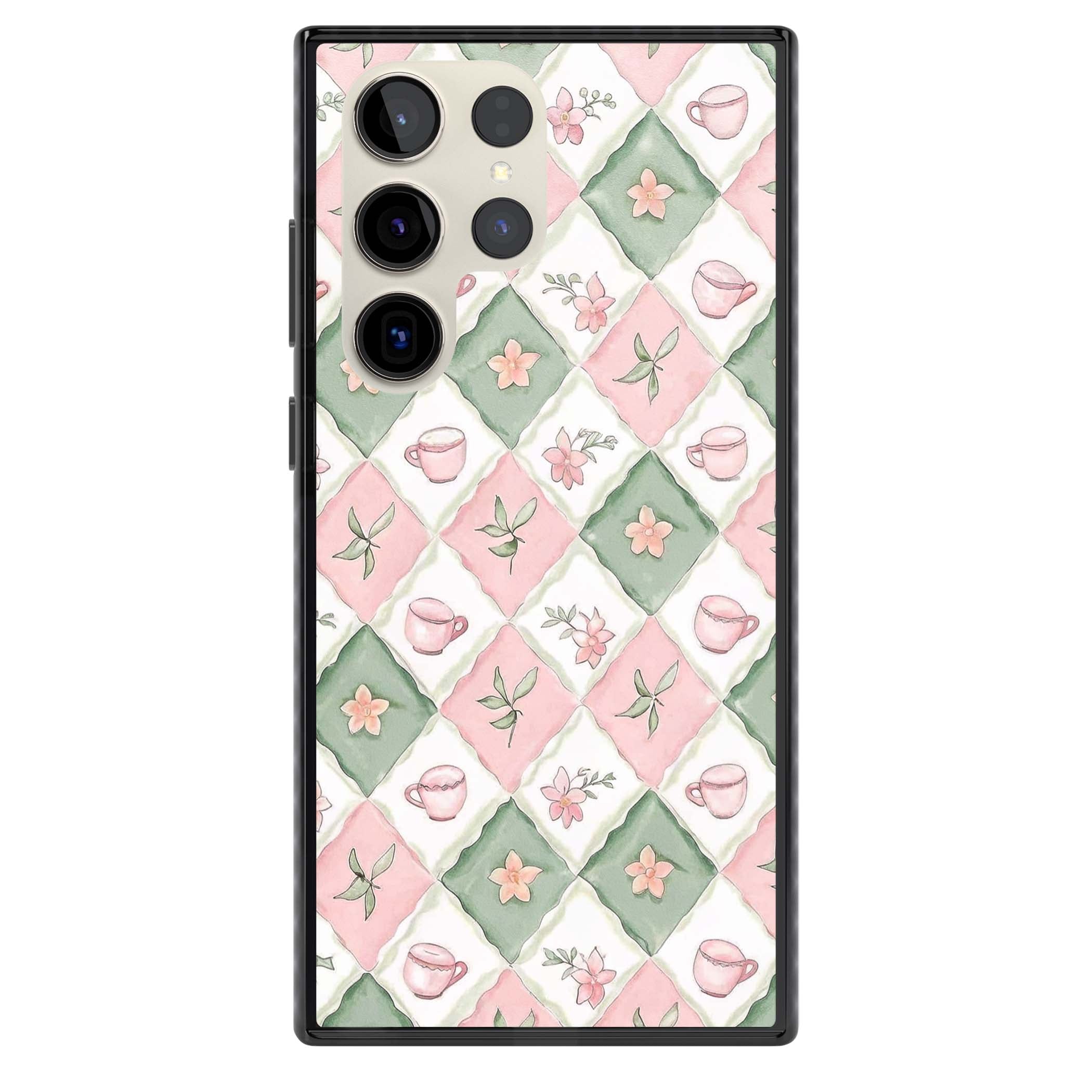 Garden Tea Party coquette iPhone case with pink and green checkered pattern, watercolour teacups and wildflowers | Black Impact case for Samsung Galaxy S24 Ultra, Samsung Galaxy S23 Ultra, Samsung Galaxy S22 Ultra