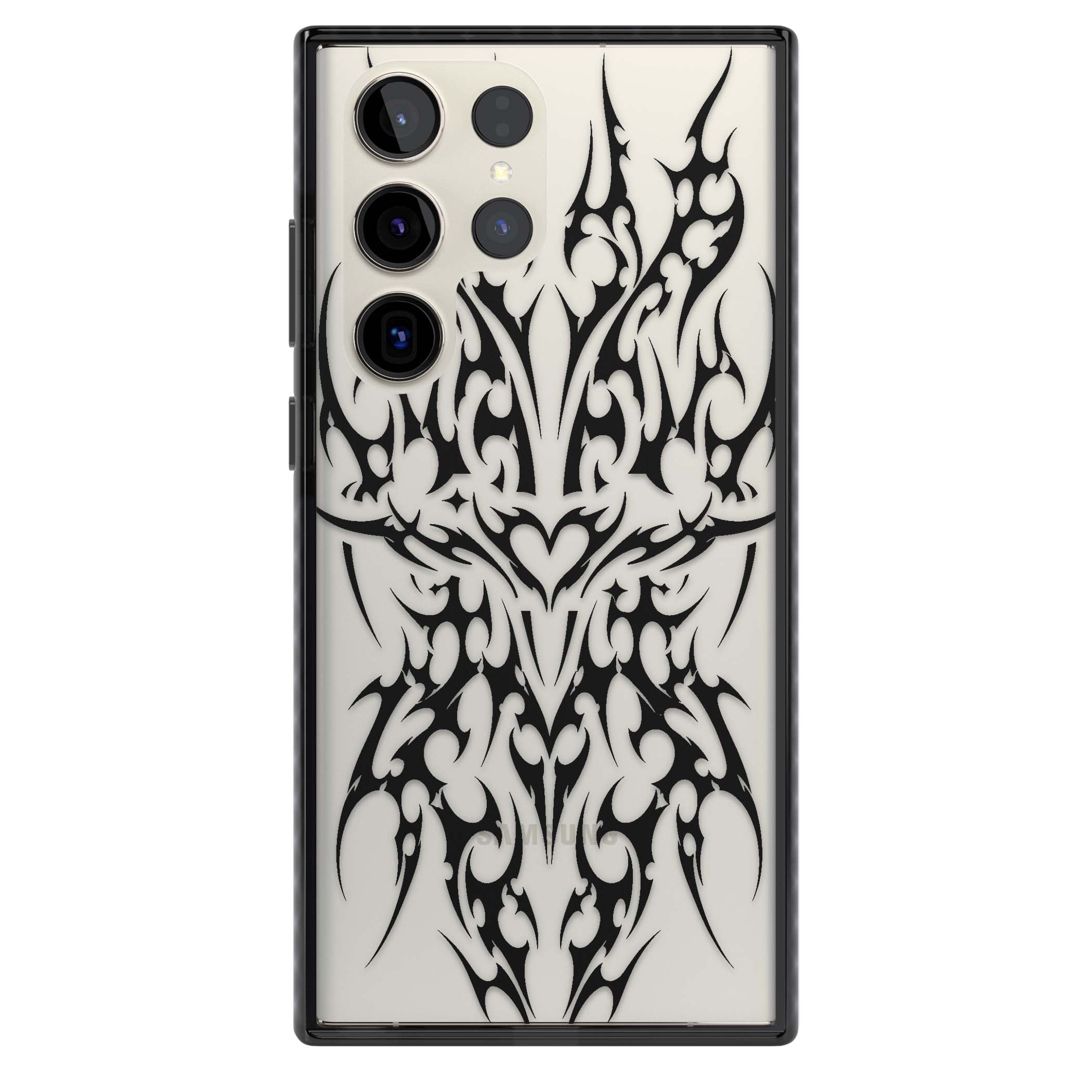Neo Tribal Heart gothic iPhone case featuring symmetrical black tribal tattoo art with sharp thorn-like linework | Black Impact case for Samsung Galaxy S24 Ultra, Samsung Galaxy S23 Ultra, Samsung Galaxy S22 Ultra