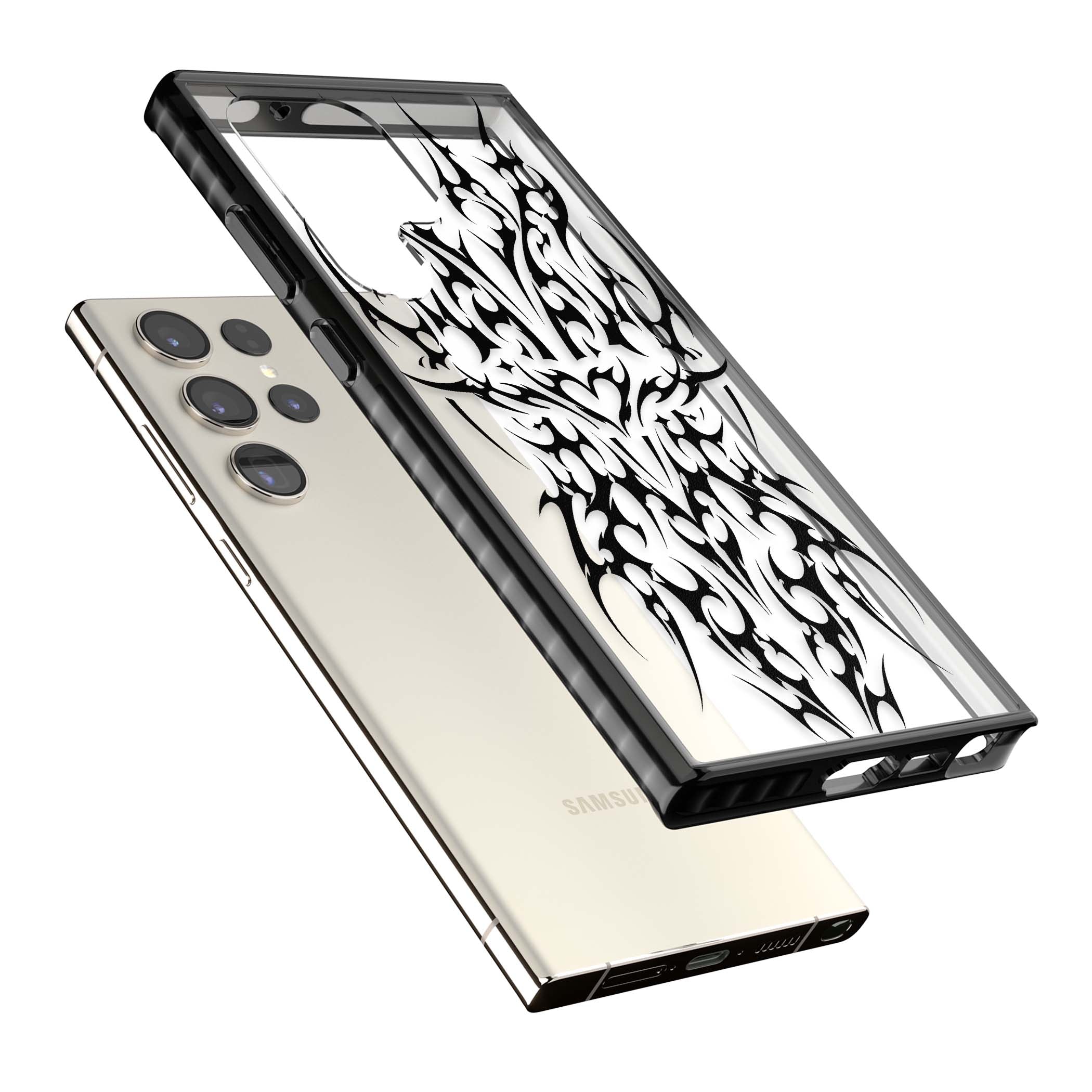 Neo Tribal Heart gothic iPhone case featuring symmetrical black tribal tattoo art with sharp thorn-like linework | Black Impact case for Samsung Galaxy S24 Ultra, Samsung Galaxy S23 Ultra, Samsung Galaxy S22 Ultra