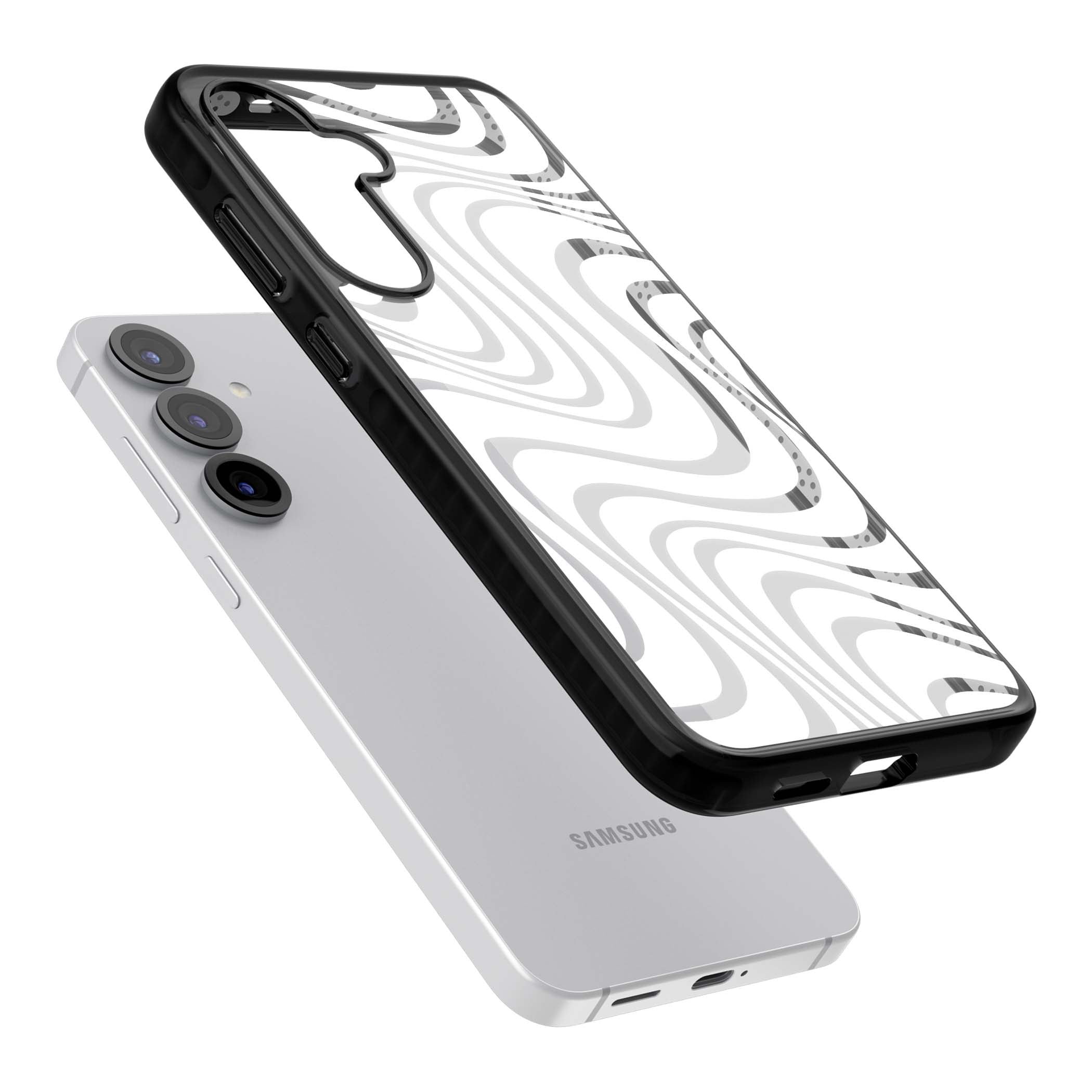 White Abstract Waves abstract iPhone case featuring flowing grey wave pattern on clear background | Black Impact case for Samsung Galaxy S25, Samsung Galaxy S25 Plus