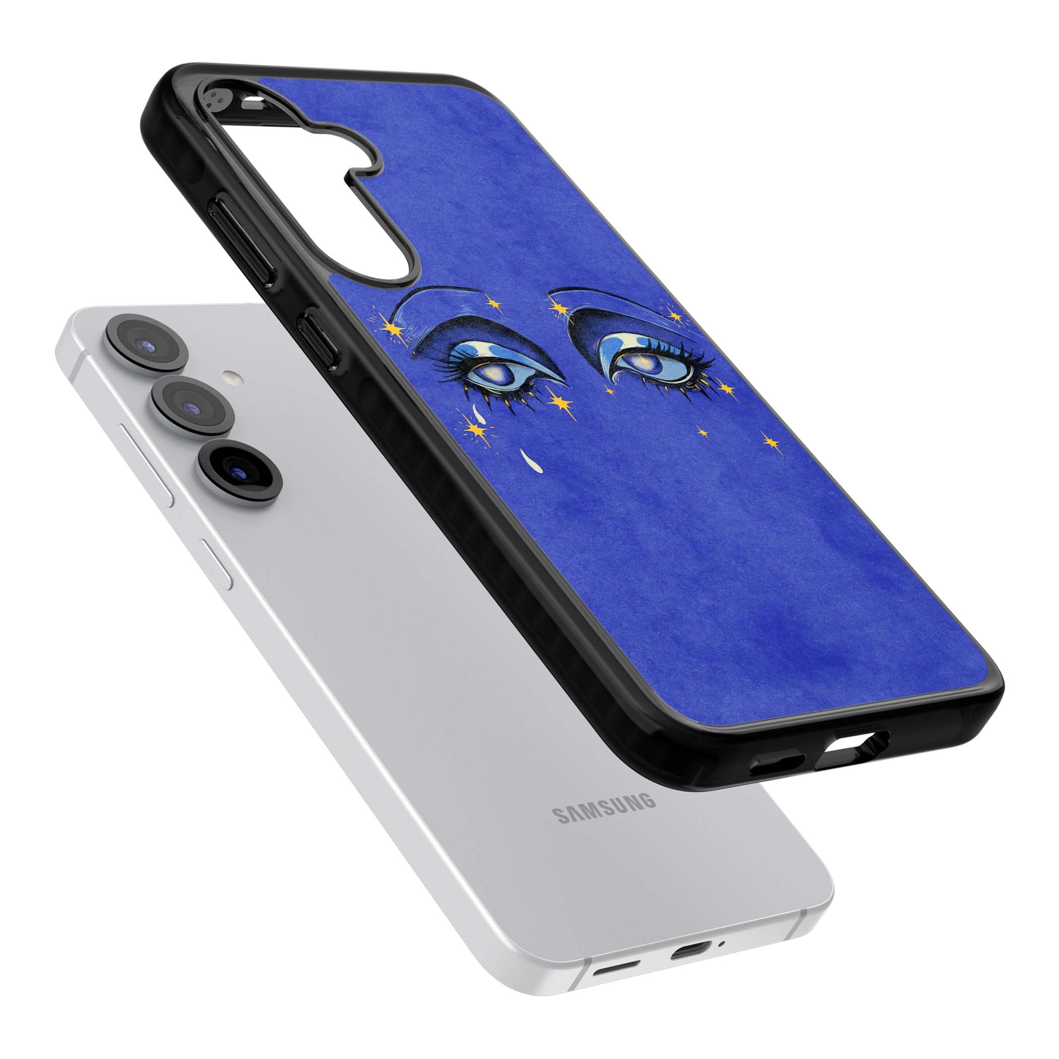 Blue Mystic Eyes celestial iPhone case featuring hand drawn blue mystical eyes, golden stars and a painted tear on indigo | Black Impact case for Samsung Galaxy S25, Samsung Galaxy S25 Plus