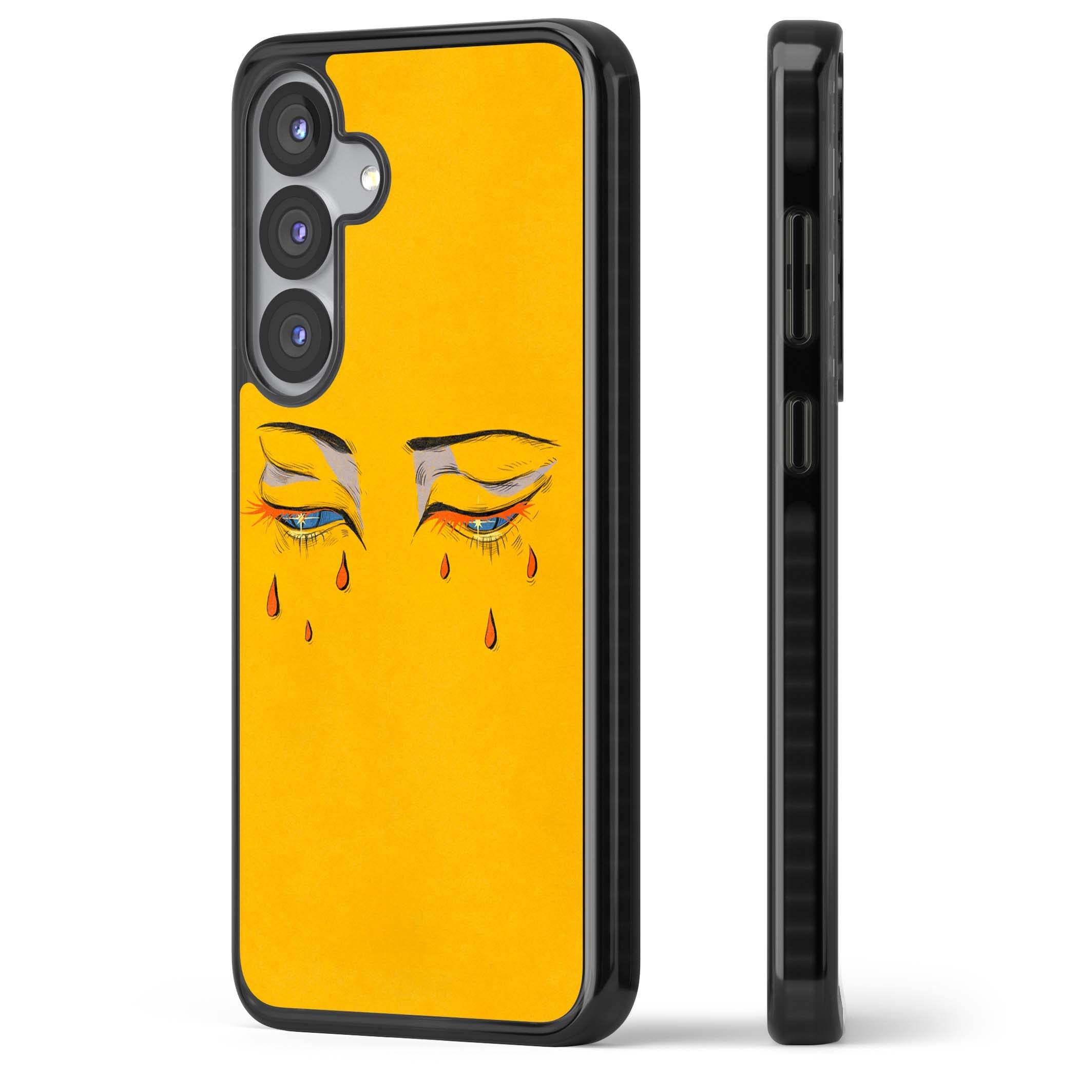Yellow Tearful Eyes indie iPhone case featuring hand-drawn crying eyes with orange tears on a yellow background | Black Impact case for Samsung Galaxy S25, Samsung Galaxy S25 Plus