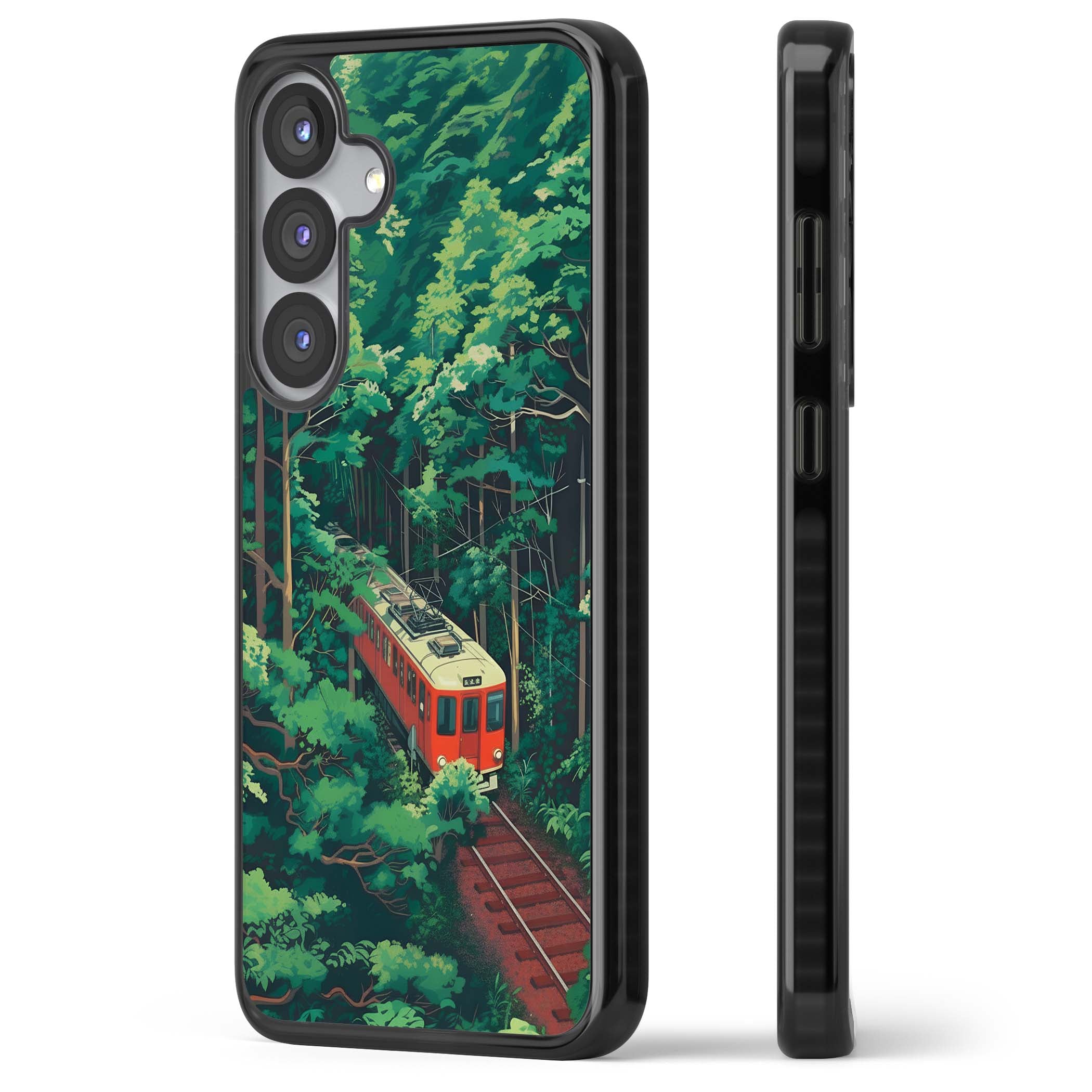 Railway In Toyama Japanese iPhone case featuring a red train, cedar forest and winding mountain railway tracks | Black Impact case for Samsung Galaxy S25, Samsung Galaxy S25 Plus